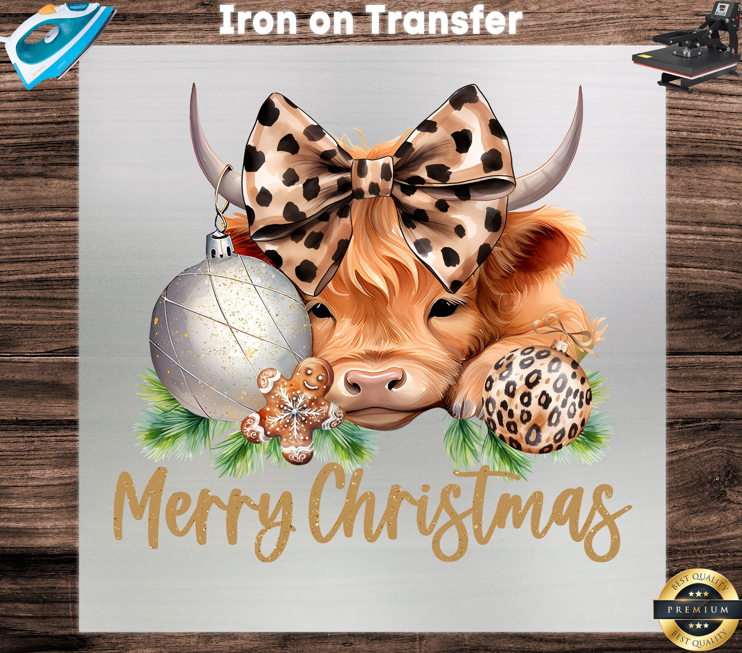 Merry Christmas Highland Cow DTF Transfer, Baby Cow with Leopard Design, Festive Iron-On Decal, Holiday T-Shirt DIY, Seasonal Apparel