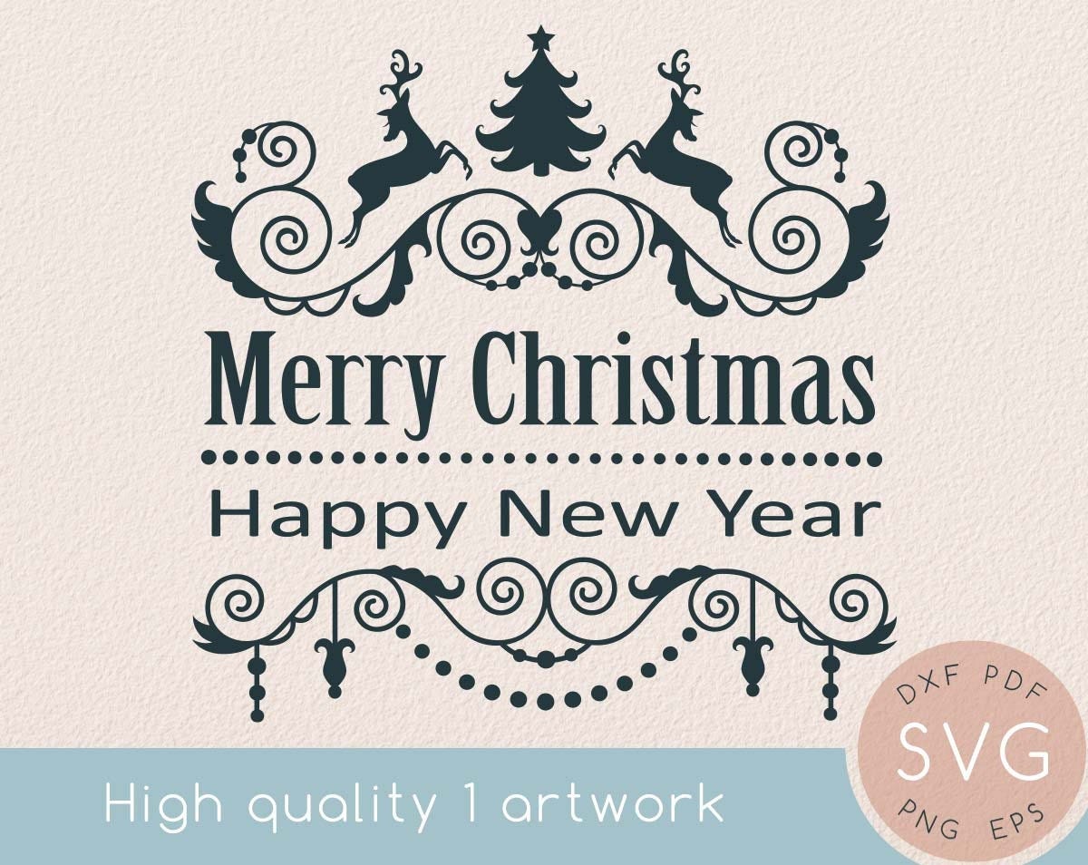 Merry Christmas Happy New Year svg, Holly, Ribbon drawing, Design element, Xmas Tree, Swirl, Christmas ornaments, Banner, Border,Swirls