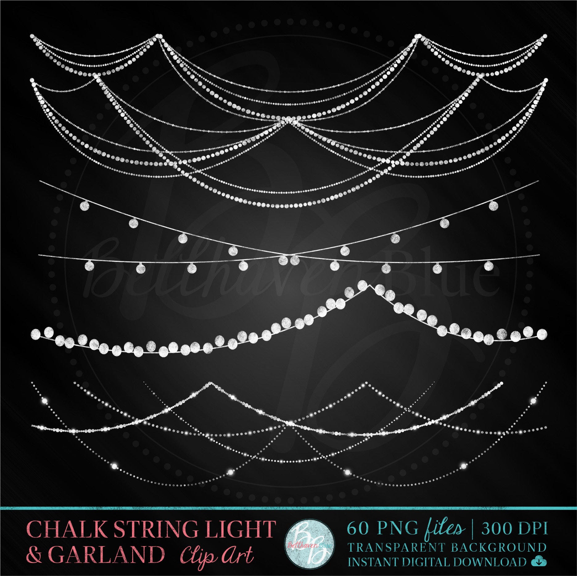 Chalkboard String Light & Garland Clipart, Instant Download, Chalk Graphics, Digital Paper, White Clipart, Invitation, Scrapbooking, Overlay