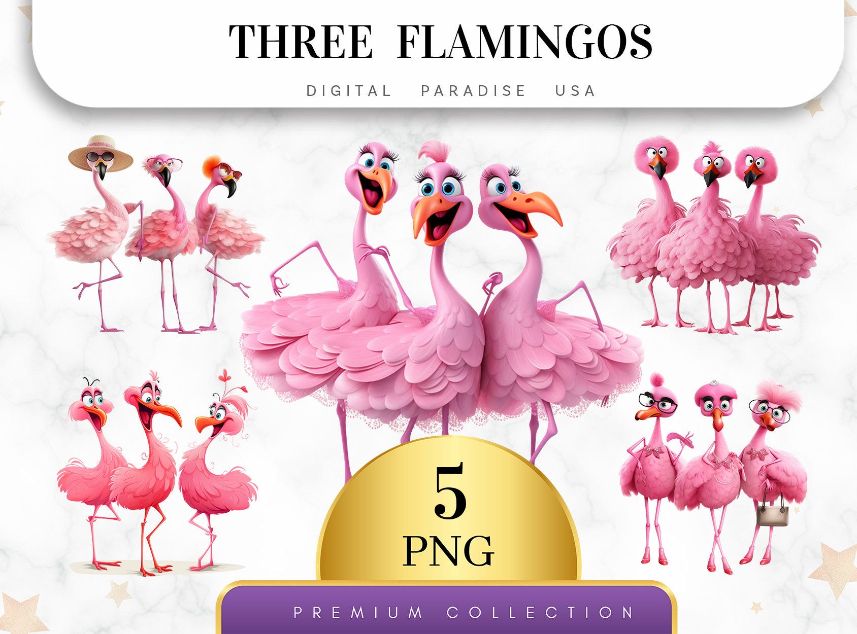 Set of 5, Watercolor Three Flamingos, Pink Flamingo PNG, Flamingo Art, Tropical Birds, Junk Journal Clipart, Sublimation, Digital Download