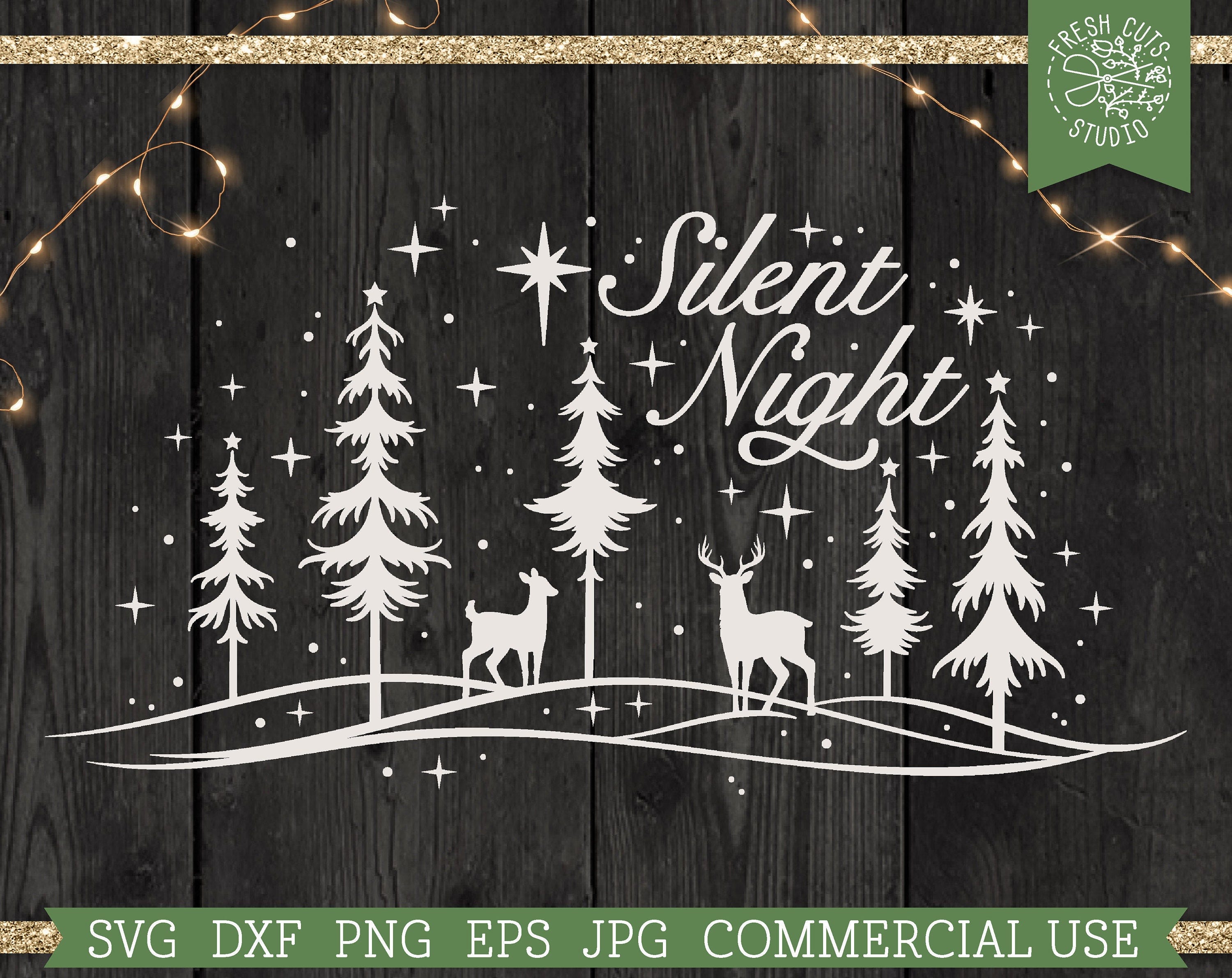 Christmas Deer Silent Night SVG Cut File for Cricut, Snowy Forest Woods Silhouette File, Snowing Pine Trees, Doe and Buck, Commercial Use