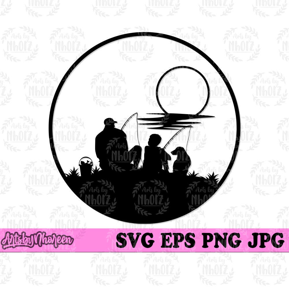 Father and Son Fishing with Dog svg, Lake View Clipart, Camp Scene Cut File, Campers Shirt png, River Angling Stencil, Outdoor Angler dxf