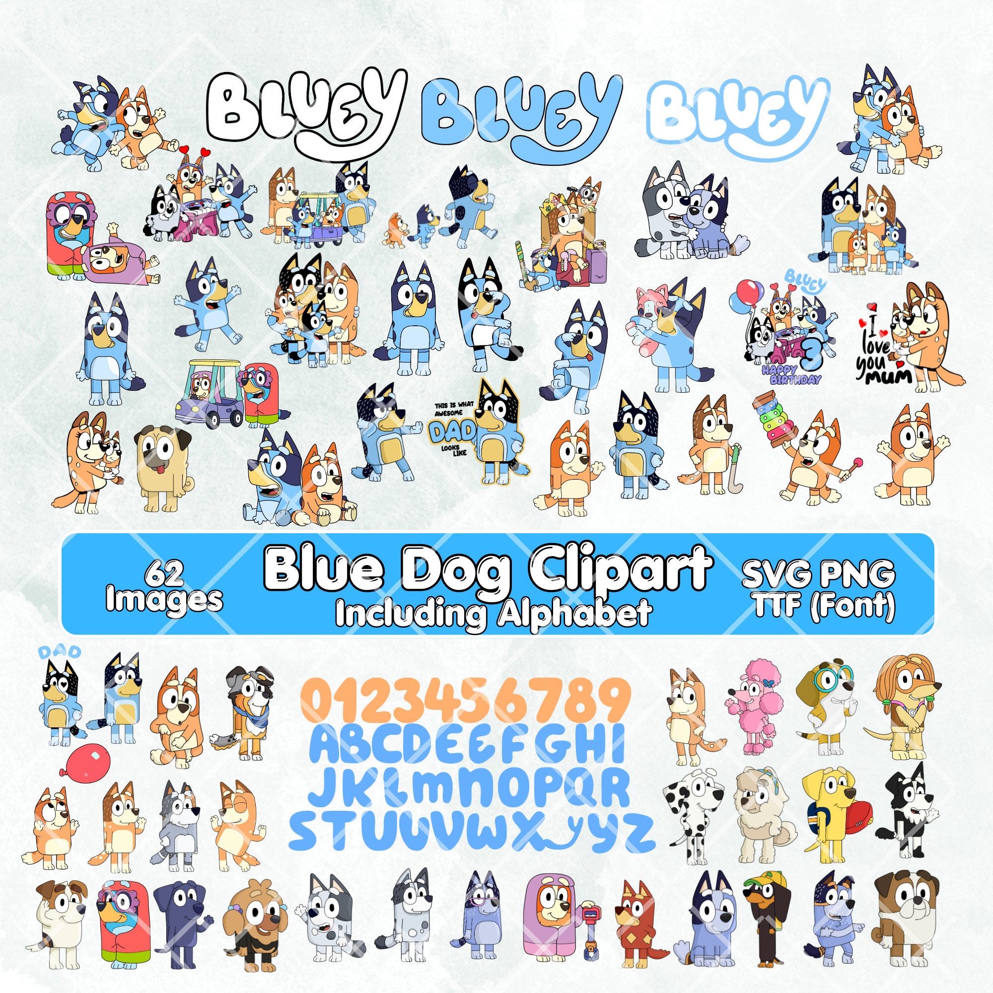 Blue Dog Alphabet Font PNG TTF SVG Cricut Clipart