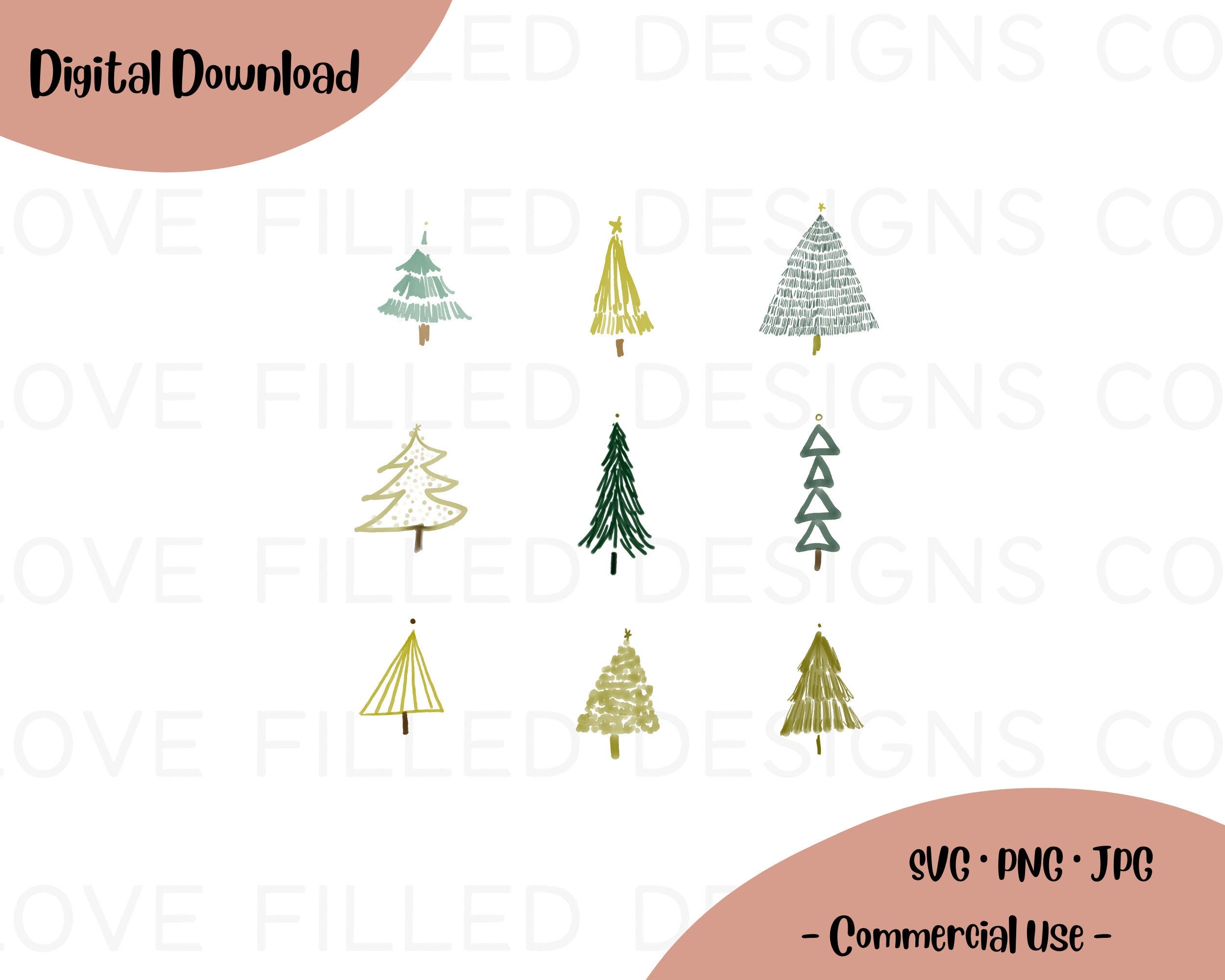 Christmas Tree SVG Bundle, Watercolor Christmas Tree PNG Bundle, Minimal Christmas Tree Digital SVG
