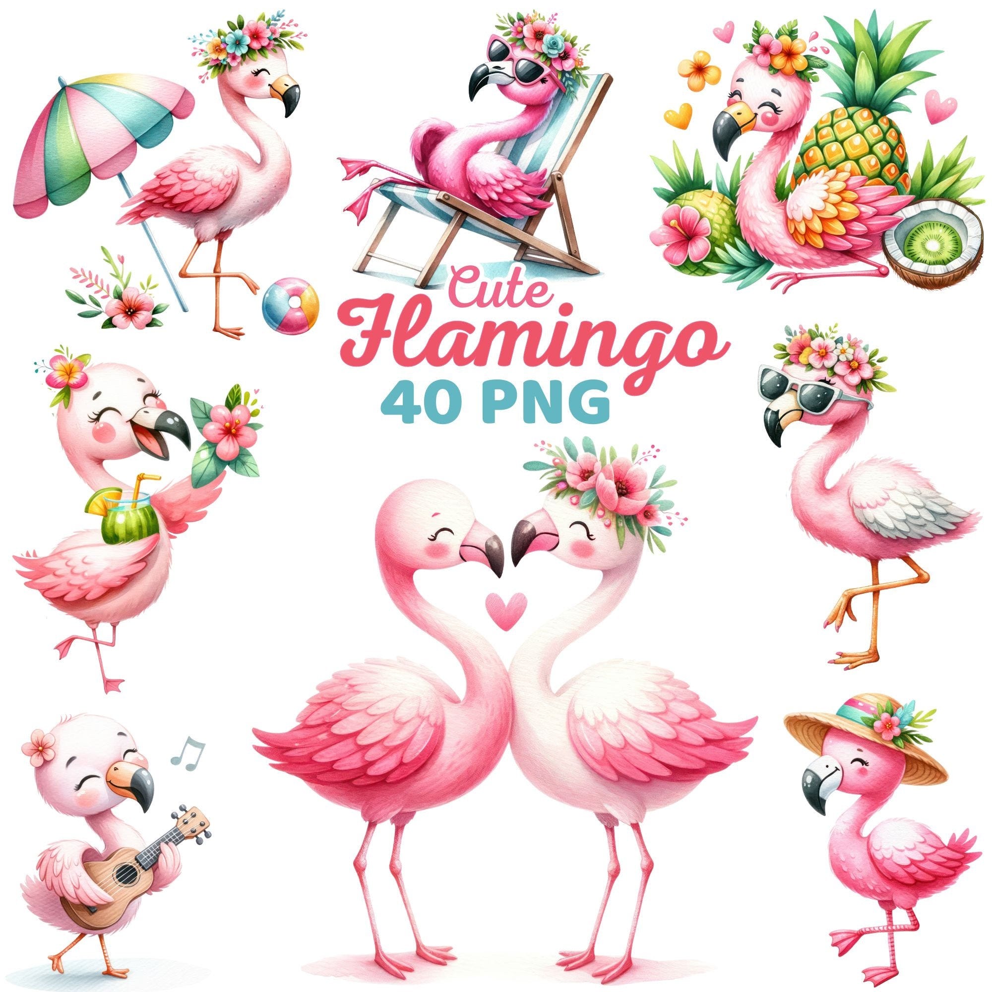 Watercolor Cute Flamingo Clipart, Beach Flamingo Nursery, Pink Tropical Flower Summer Animal Girl Kids Birthday Party Bundle Png