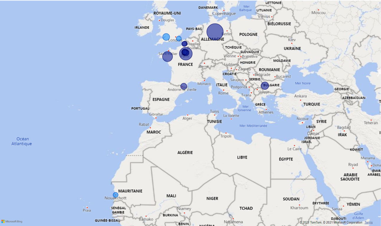 A map visualization showing various cities in Europe, marked with blue bubbles. The size of the bubbles represents the total CO2 emissions. Locations include cities in the UK, France, and Germany, illustrating CO2 emissions across different regions of Europe.