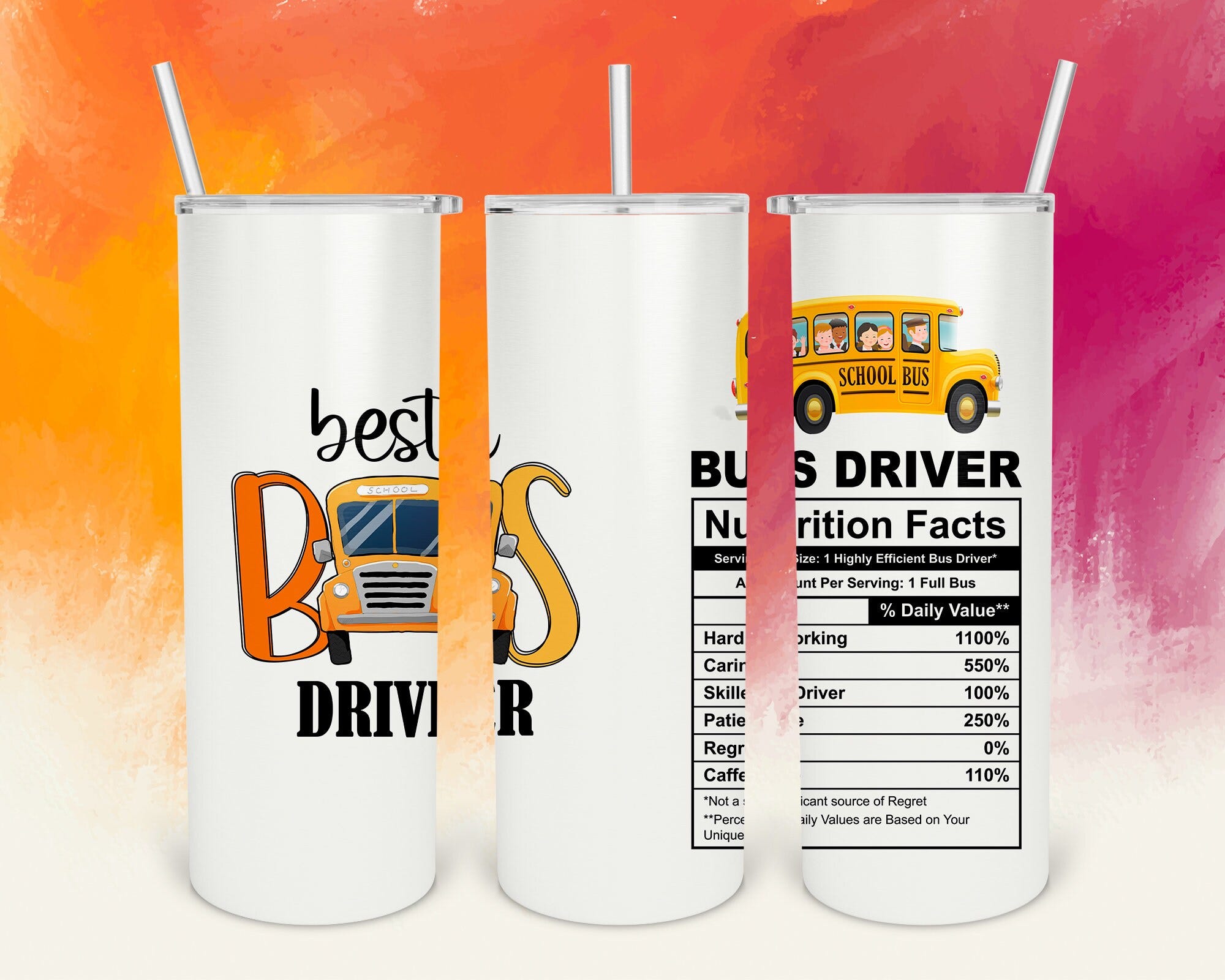 School Bus Nutrition Facts Tumbler Wrap, 20oz Skinny Tumbler Sublimation Design, PNG Digital Download