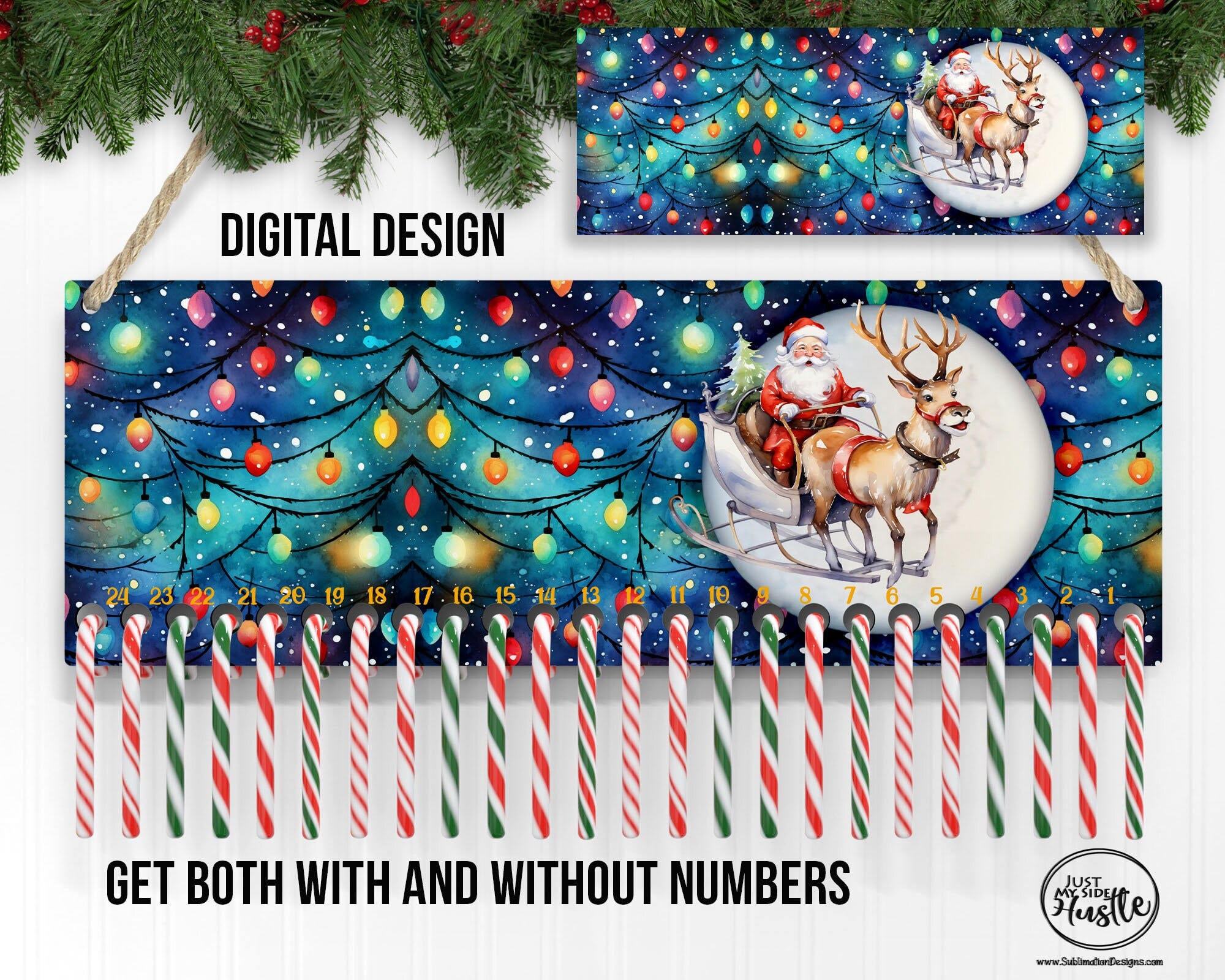 Christmas Lights with Santa Candy Cane Countdown PNG for Sublimation - Holiday Vintage Numbered Candy Cane Holder Digital Download