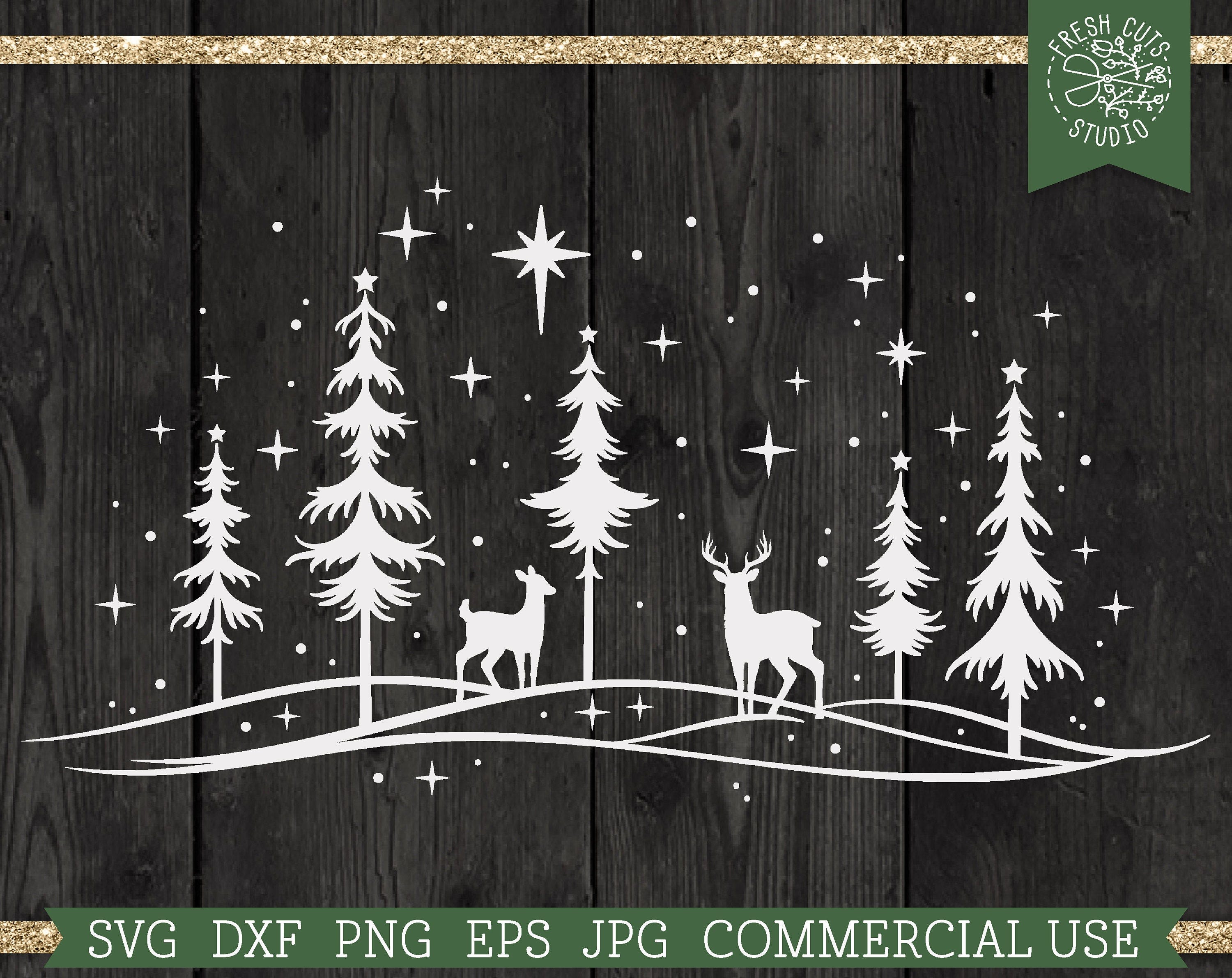 Snowy Woods SVG Christmas Deer svg Cut File for Cricut, Snowing Winter Scene, Doe and Buck Deer Family, Magic Winter svg, Reindeer, dxf png