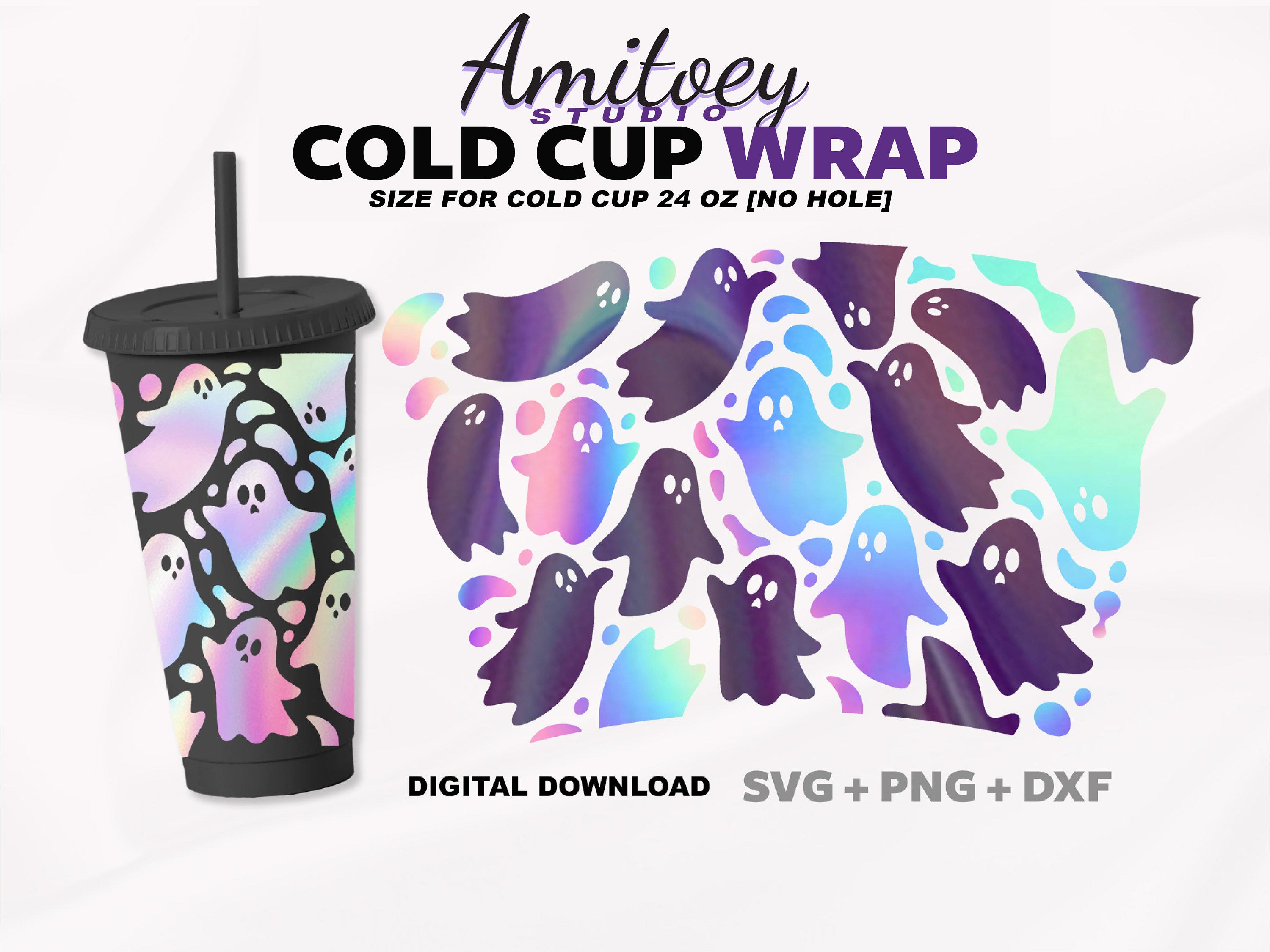 Ghost Halloween [No Hole] SVG Full Wrap, Ghost Magic Happy Halloween for Cold Cup 24 Oz | SVG, PNG, Dxf Files Digital Download.