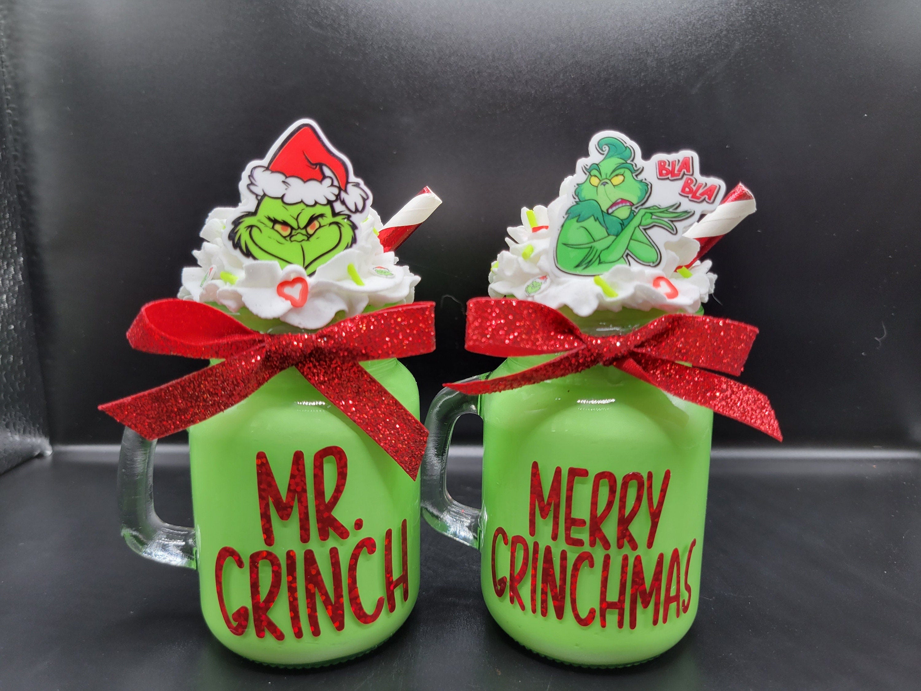 Christmas Grinch faux mini mason jar drink for Tiered tray | Faux mini mason jar | Grinchmas decor | Christmas decor | Faux Grinch drink