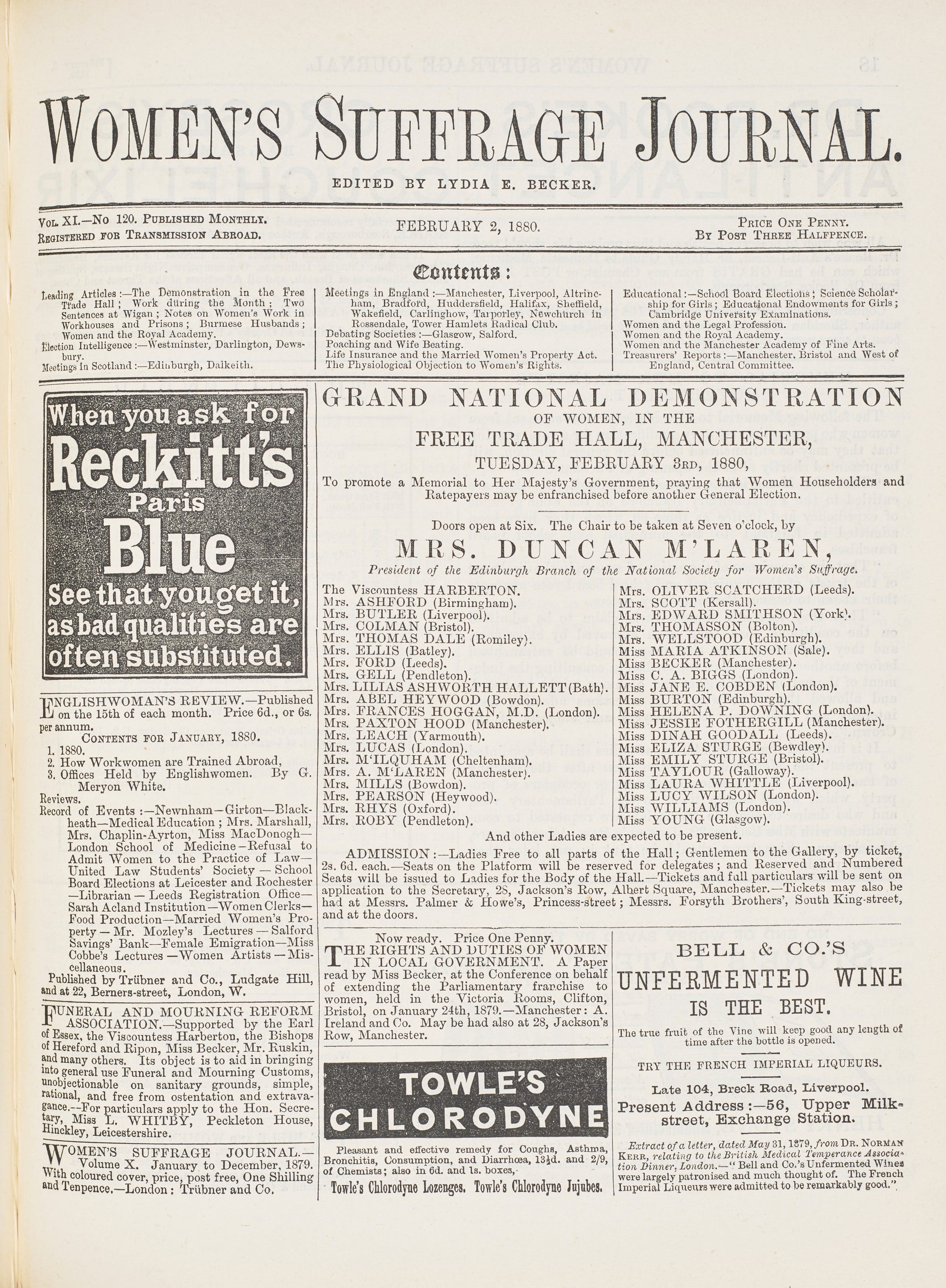 Periodical title-page printed in three columns, including issue contents and a variety of advertisements.