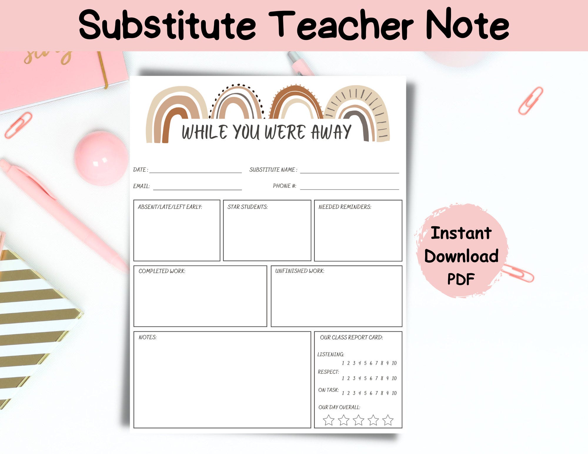 Neutral Brown Rainbows Substitute Teacher Note|Substitute Note To Teacher|Substitute While You Were Away|Substitute Teacher Report|Sub Note
