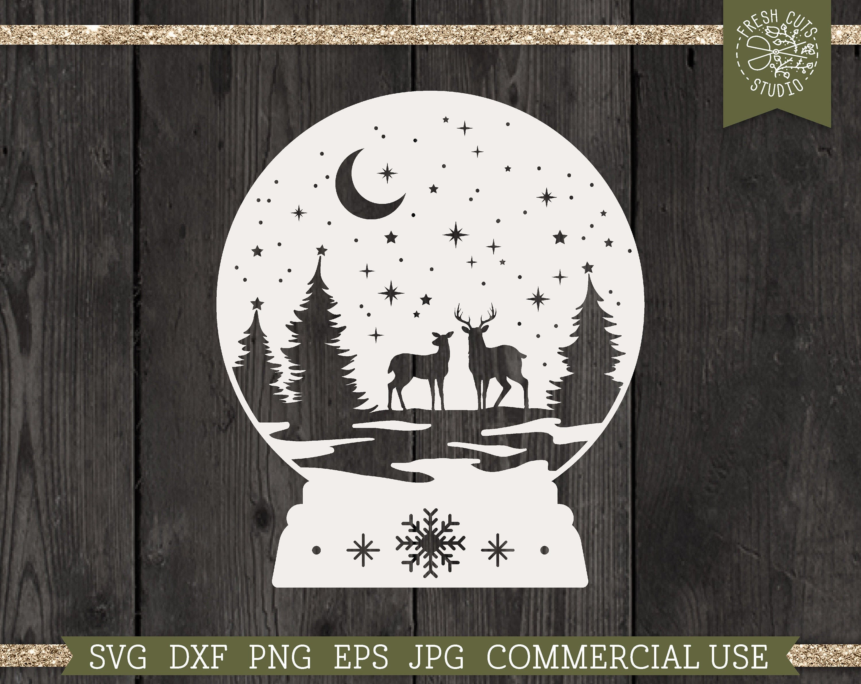 Snowglobe Winter Deer SVG Christmas Scene Cut File, png eps dxf jpg, Starry Moon Pine Tree Forest, Snowy Rustic Christmas, Deer Family SVG