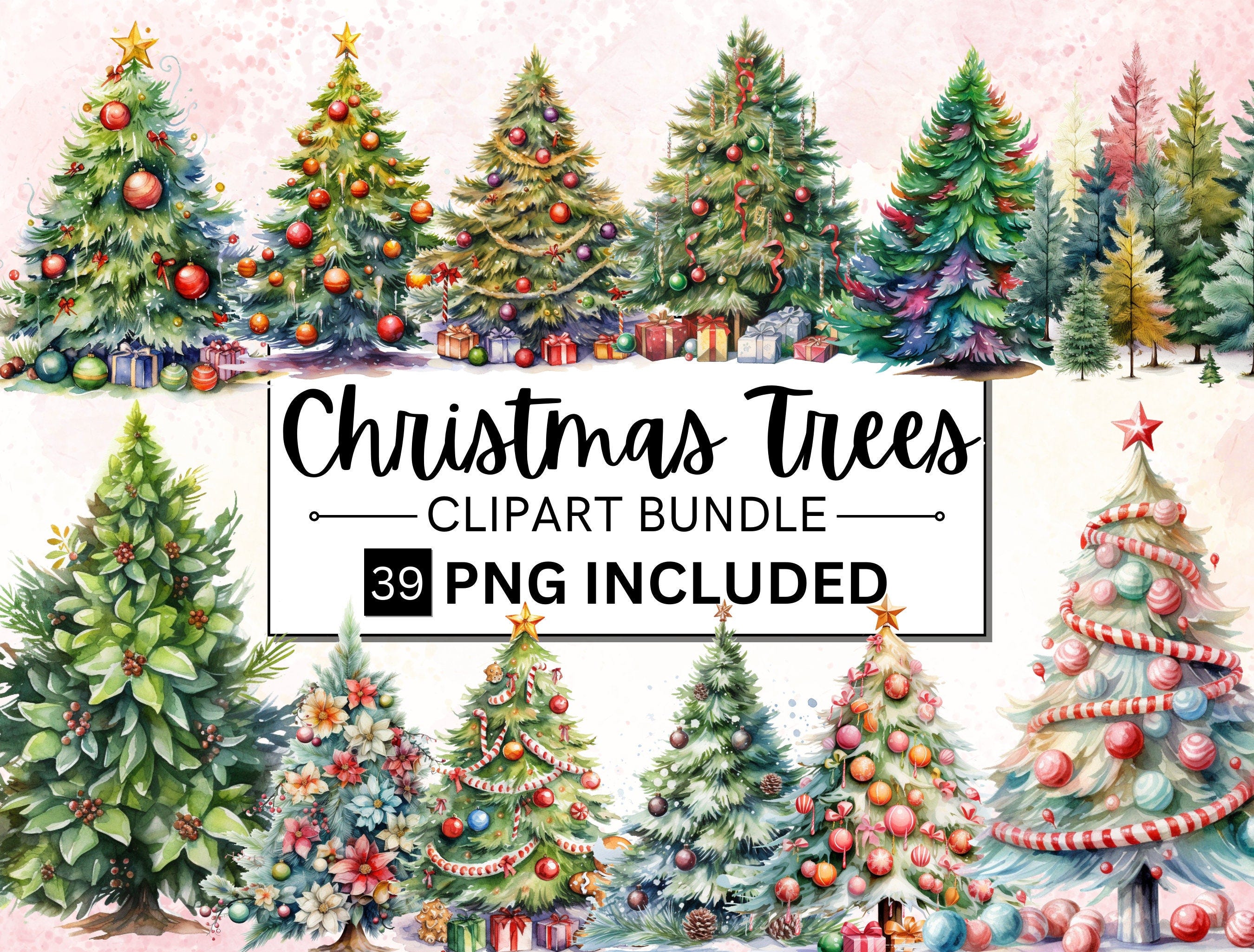39 Watercolor Christmas Trees Clipart, Snowy Christmas Tree PNG, Christmas Pine Tree Clipart, Winter Christmas Tree and Gifts Cliparts PNG
