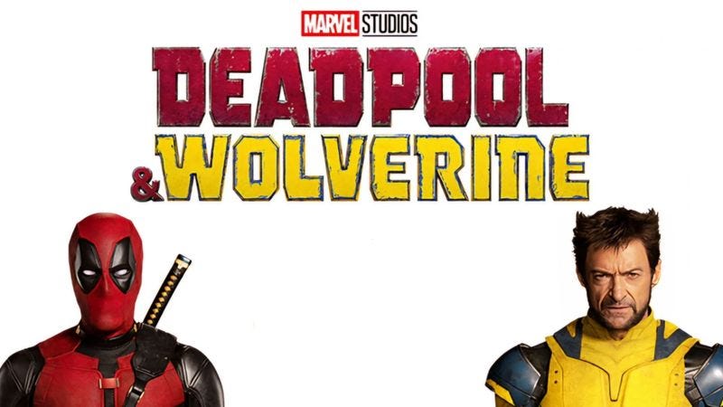 White Background, Landscape Deadpool & Wolverine Poster. Marvel Studios is above the movie name, to the left is Deadpool's top third cut-off from the left. To the far right is Wolverines’ top third cut off from the right.
