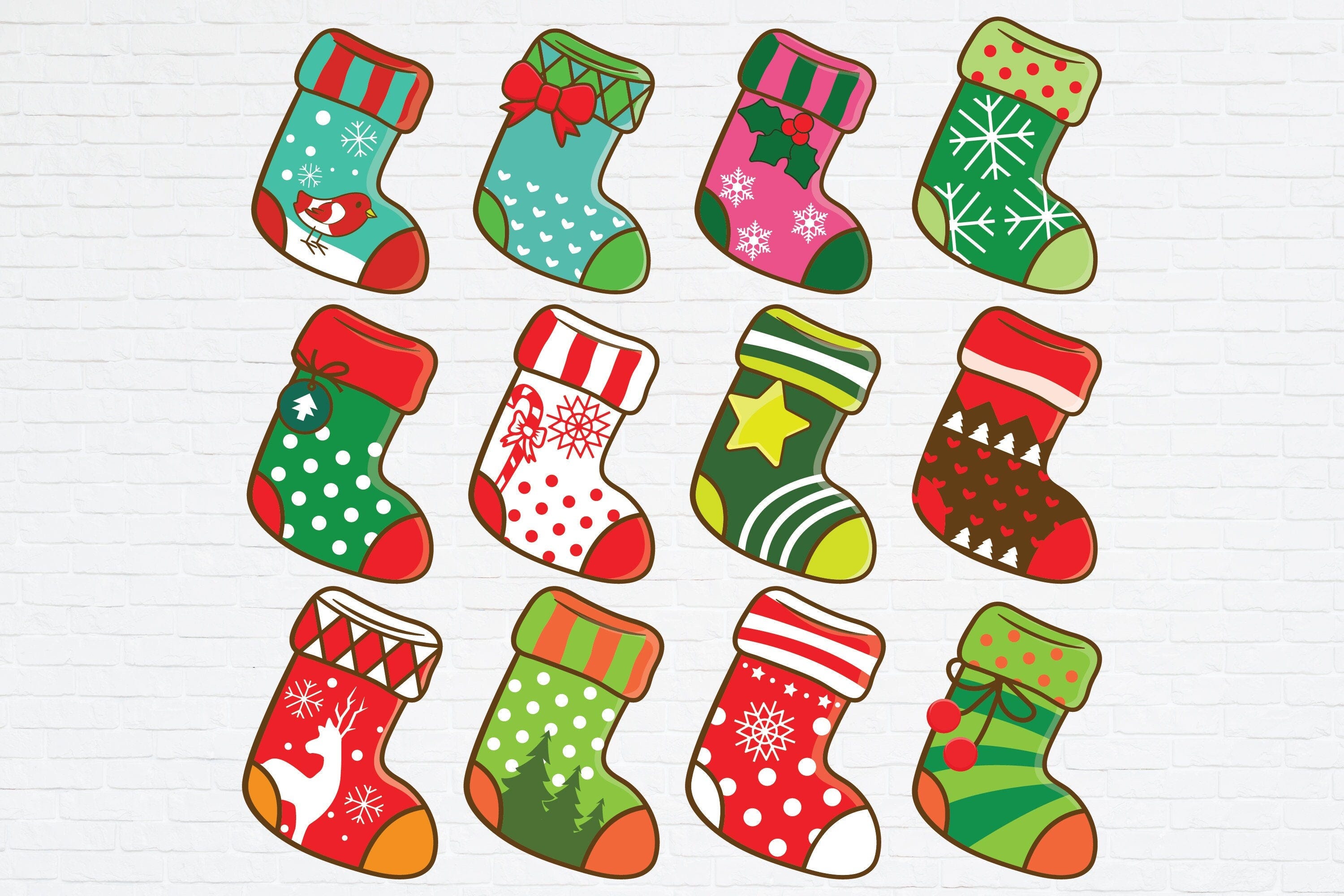 Christmas Socking SVG PNG Clipart Bundle, 12 Stocking Digital Files for Instant Download
