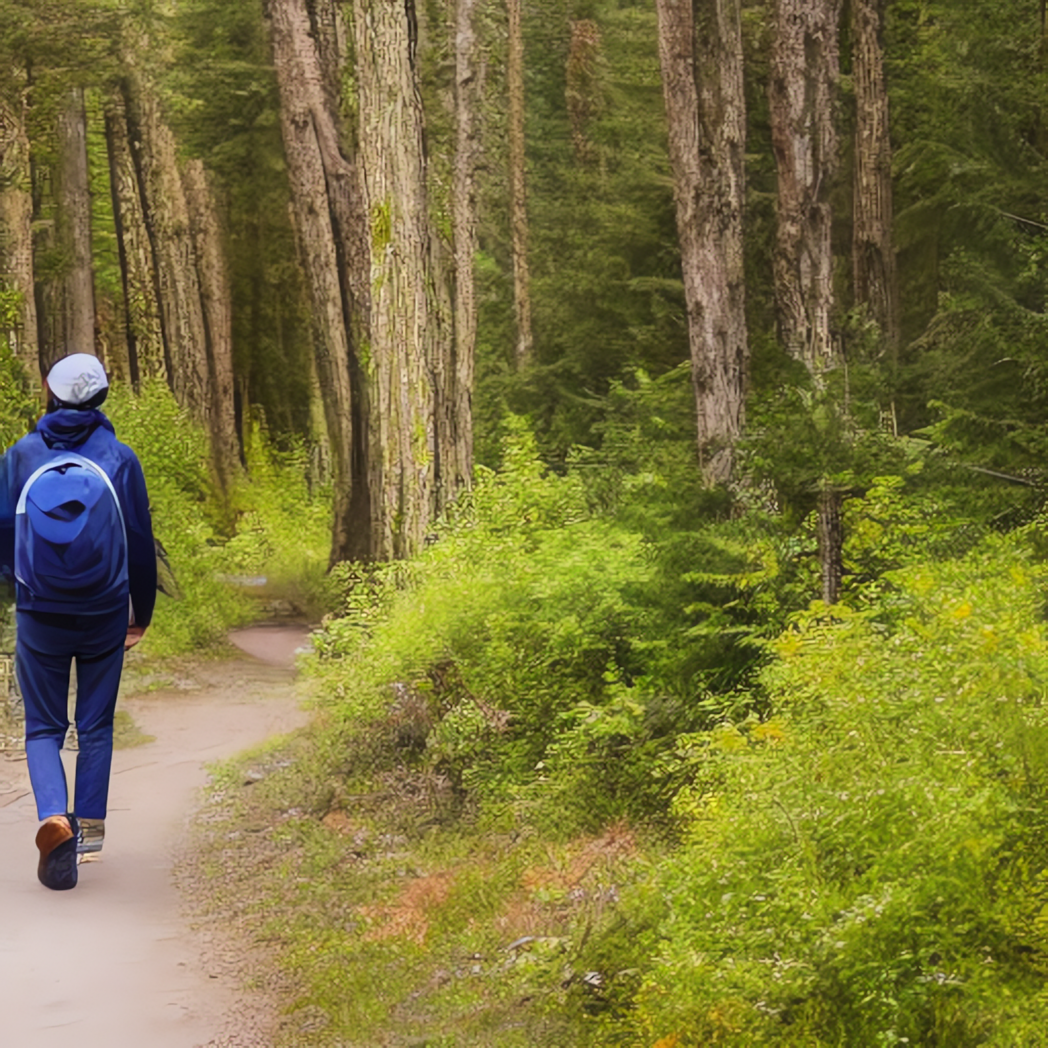 Image from prompt "A person walking on a scenic trail surrounded by mountains and trees."