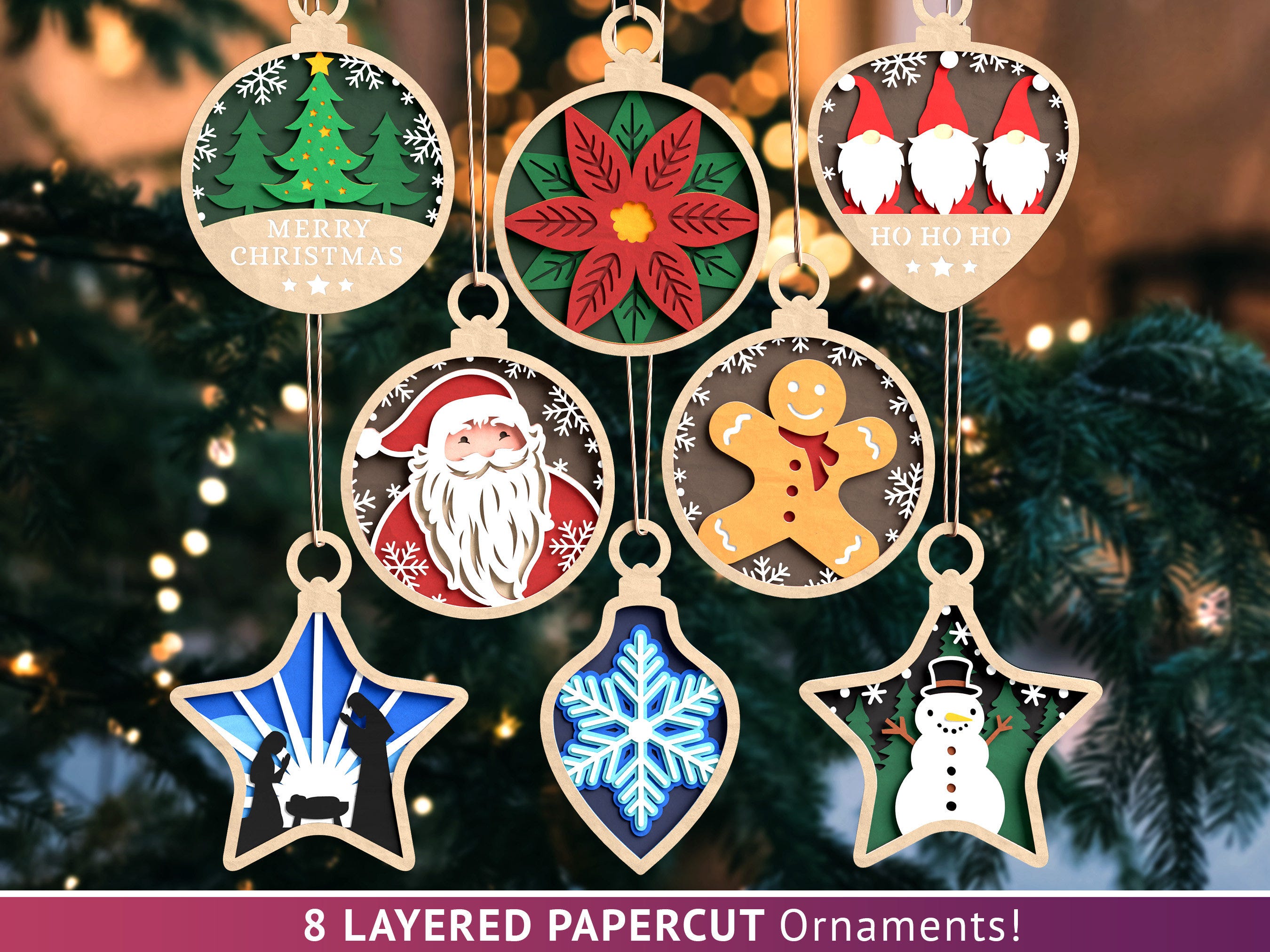 Christmas Ornaments Papercut SVG, Merry Christmas Tree, Snowman, Gingerbread Men, Santa, Nativity Scene, Snowflake, Poinsettia, Gnomes Ho Ho