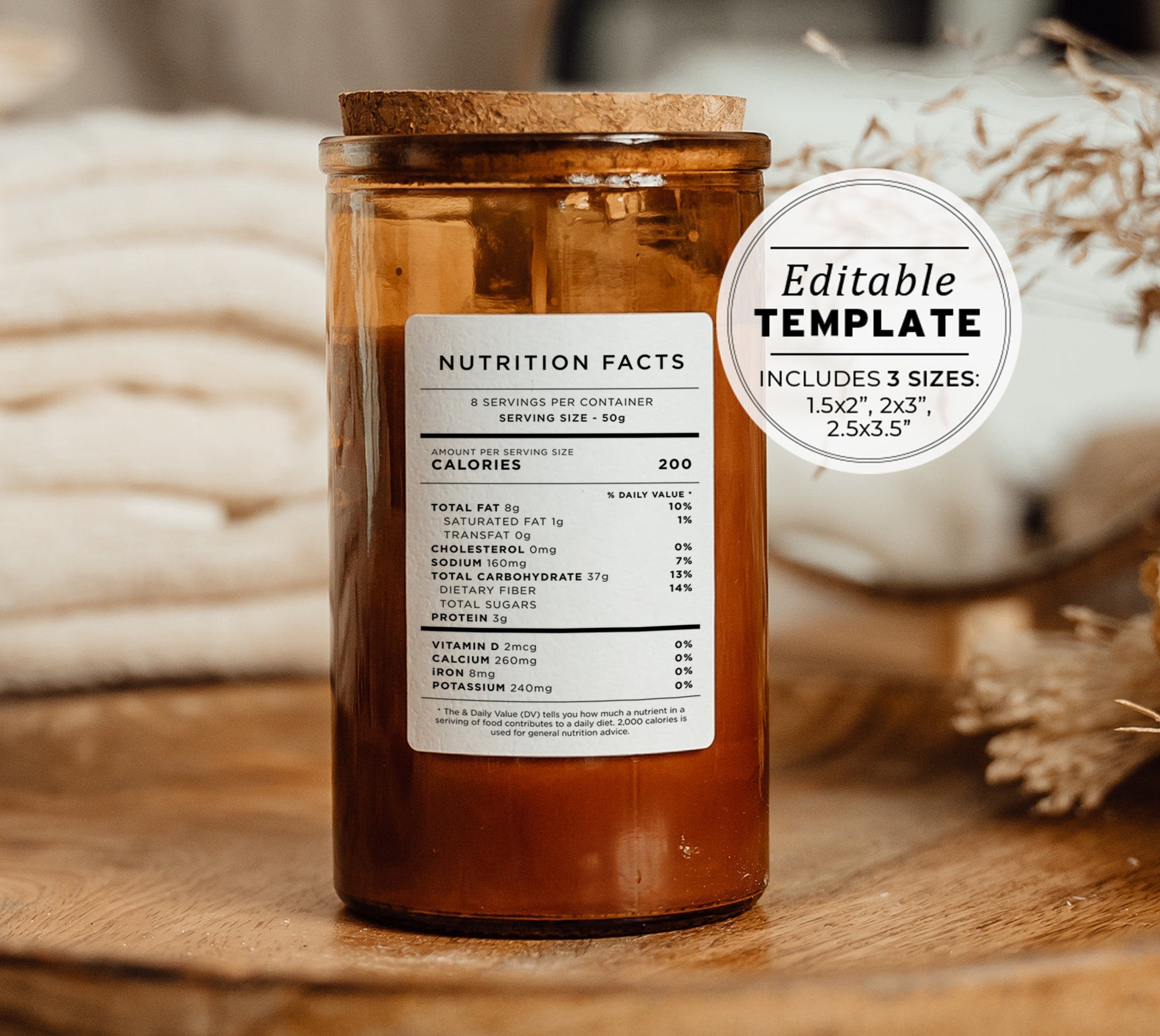 Minimalist Nutrition Facts Template - 3 Sizes: 1.5x2" / 2x3"/ 2.5x3.5" | EDITABLE TEMPLATE #050 #043 Juliette