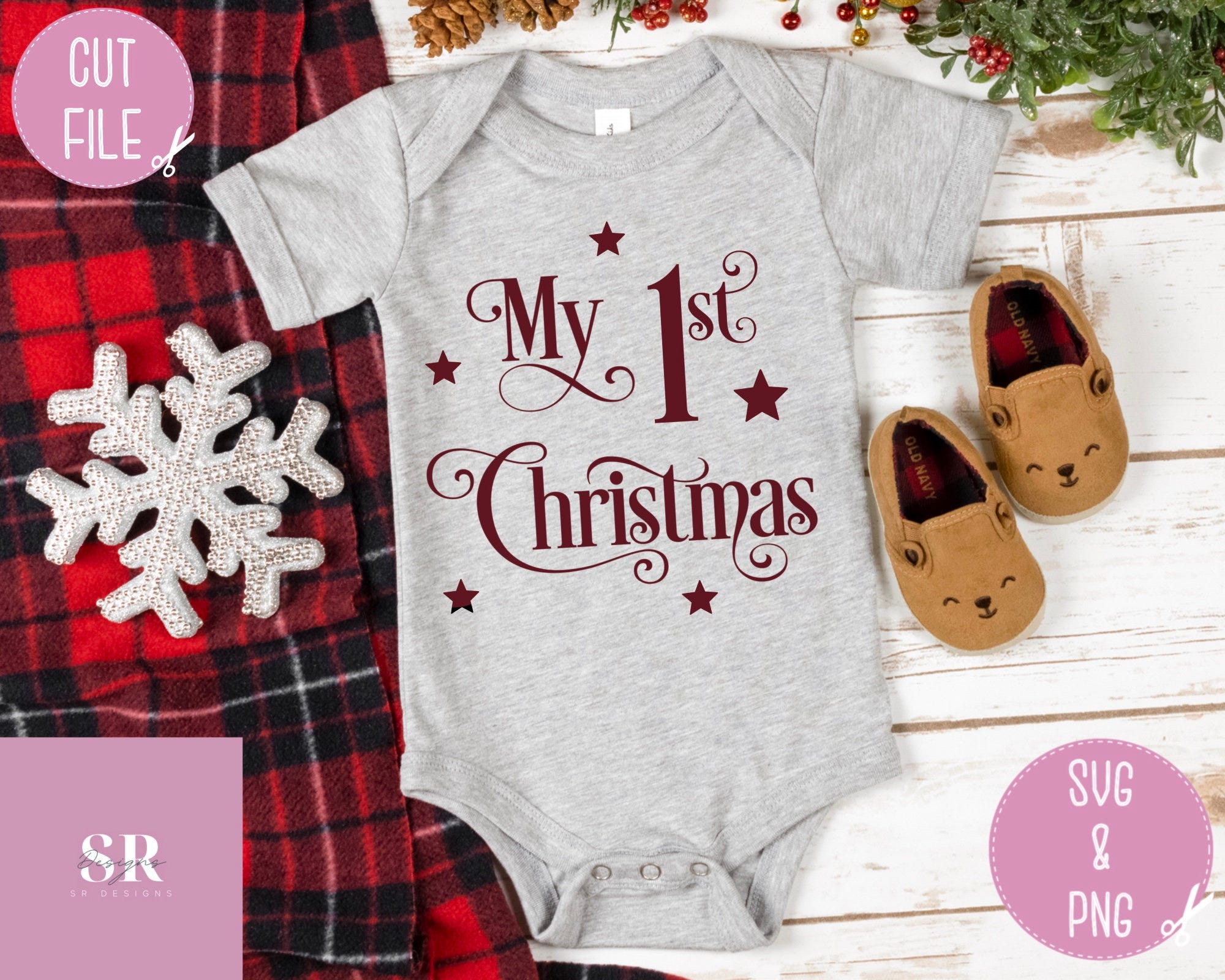 SVG: My First Christmas. My 1st Christmas svg. Baby’s first Christmas. Baby Christmas onesie svg. Desire Christmas font. Baby Christmas.