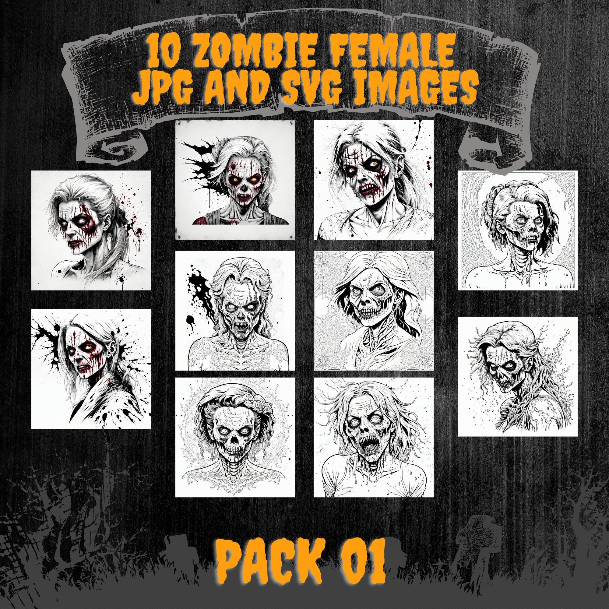 Creepy and Chic: 10 Female Zombie JPG and SVG Digital Files for Your Spooky Designs - Horror-Themed Projects - Commercial and Personal Use!
