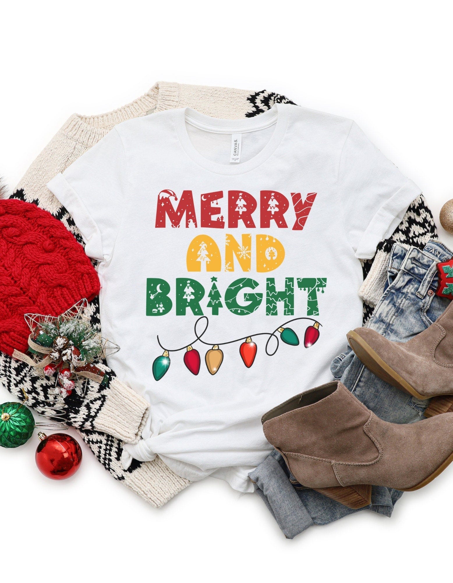 Merry and Bright Short Sleeve Tee, Christmas T shirt, Crew Neck T-Shirt, Holiday Top, Strand of Lights Shirt, Graphic Design, X-mas Clothing