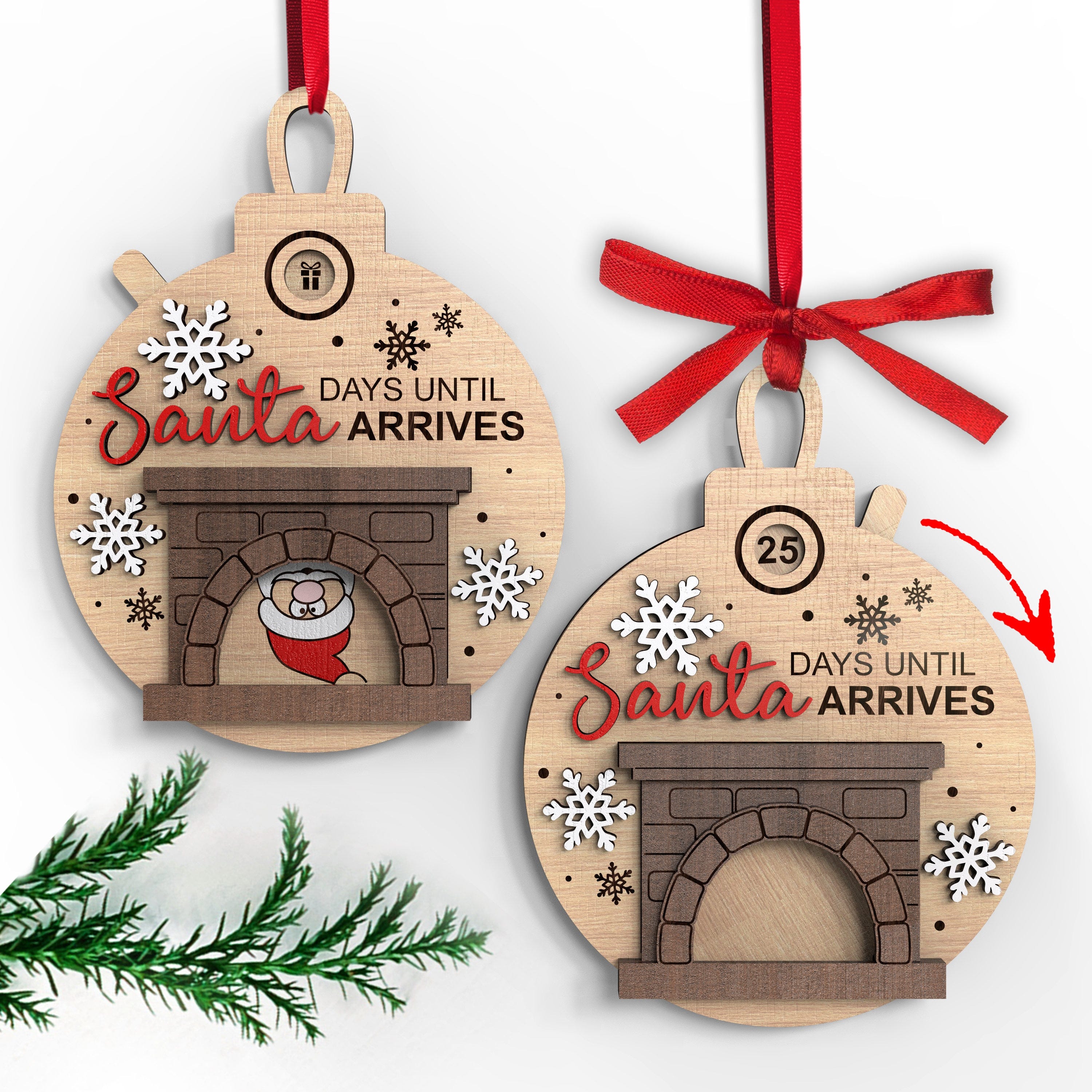 Christmas Santa in Fireplace Countdown ornament | Days Till Christmas | Glowforge, Cricut | Svg Laser-Ready Cut Files | INSTANT DOWNLOAD