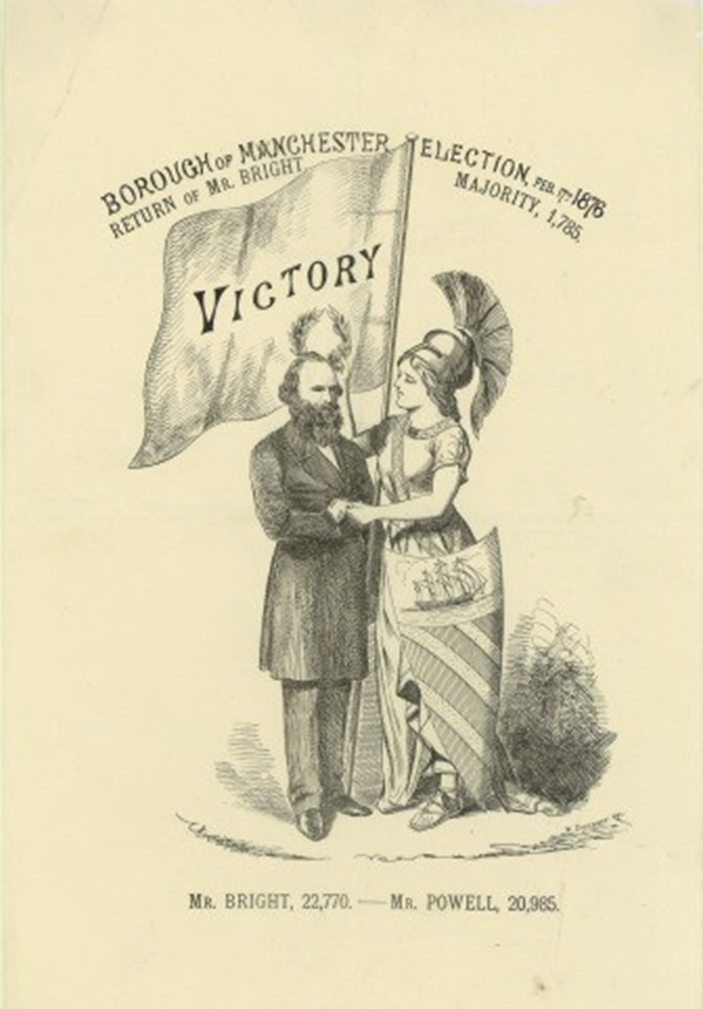 Bearded Victorian politician John Bright standing next to Britannia with helmet and shield. Between them a flag with the word Victory.