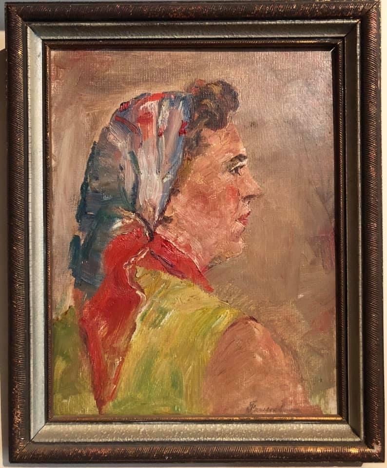 Brincadeiras entre amigos: Retrato de Ilse (Kindler) van Wilpe, pintado por Freyesleben, assinado por Jacobus, em sua letra inconfundível, anos 1950. Acervo do autor. 