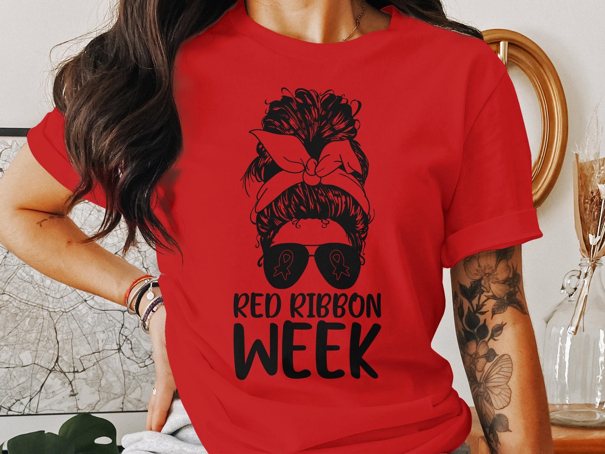 Red Ribbon Week Messy Bun Svg Png, Red Ribbon Week Svg, Drug Free Svg, Women Red Ribbon Week Teacher Png Svg Cricut File Sublimation Design