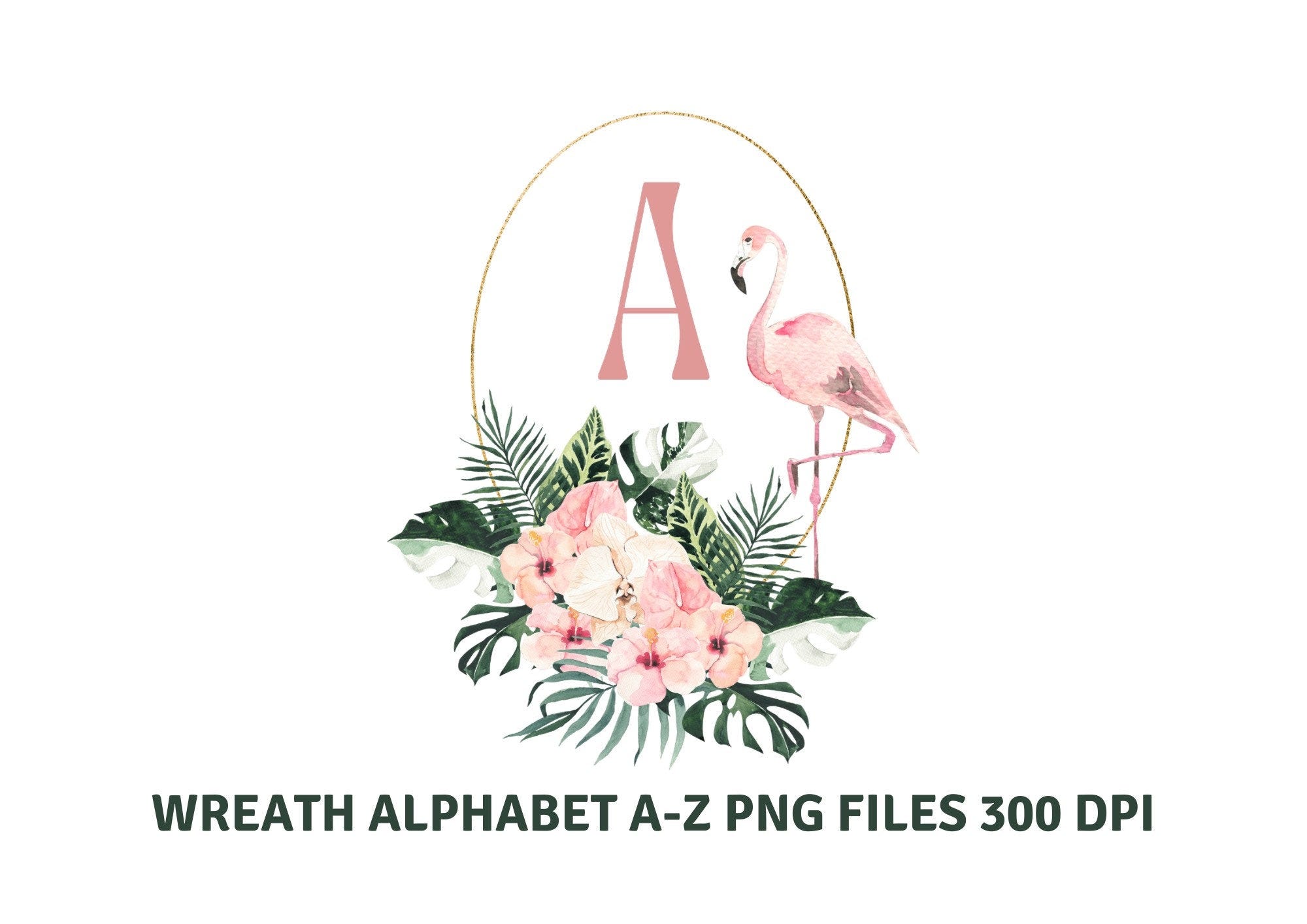 Wreath With Initial Png, Floral Letters, Monogram Png, Watercolor wreath, Monogram Alphabet, Christmas Png, Flamingo Png