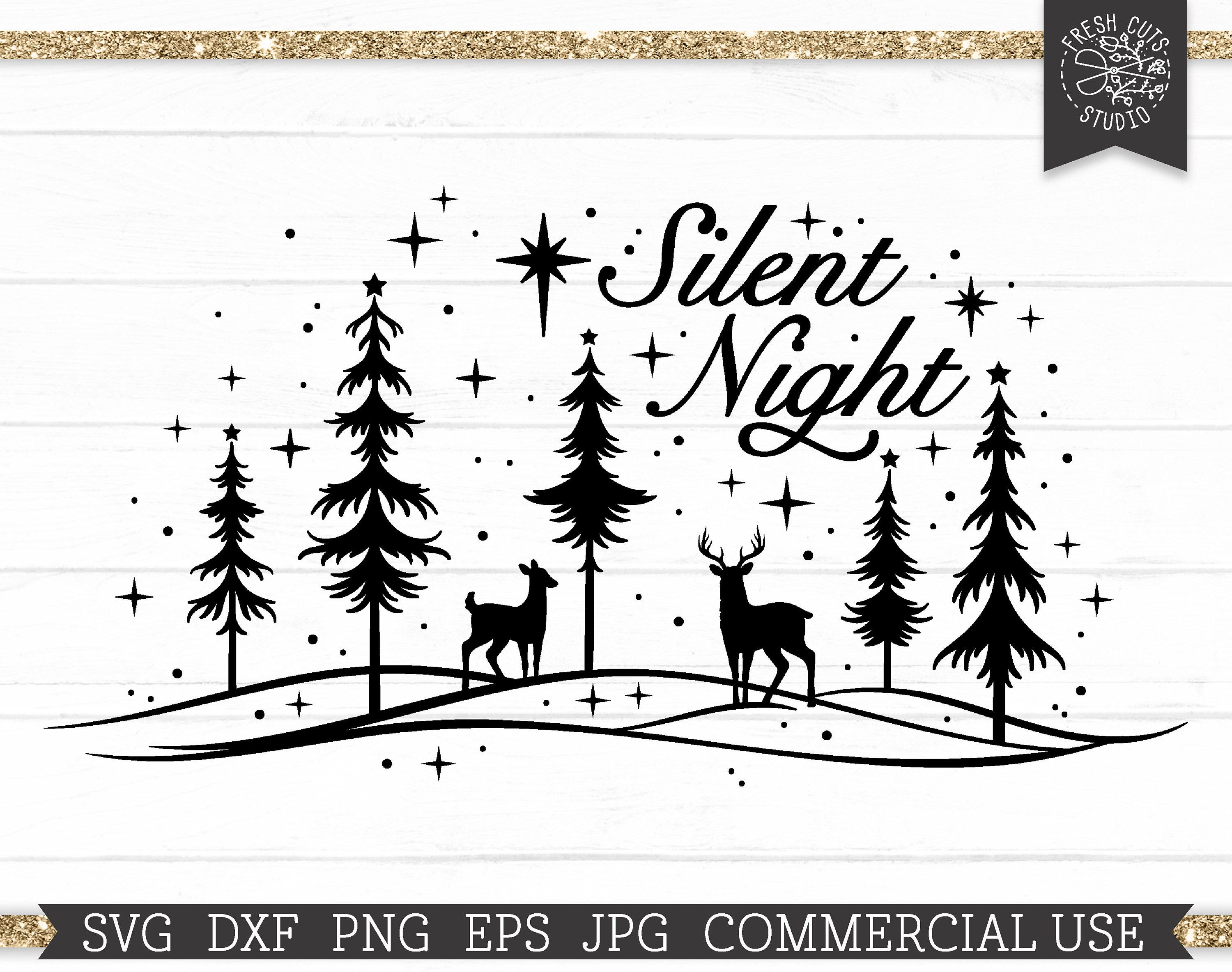 Silent Night SVG Snowing Winter Woods Cut File Design, Christmas Deer Scene, Doe and Buck, Deer Family, Snowy Forest Starry Night, dxf png