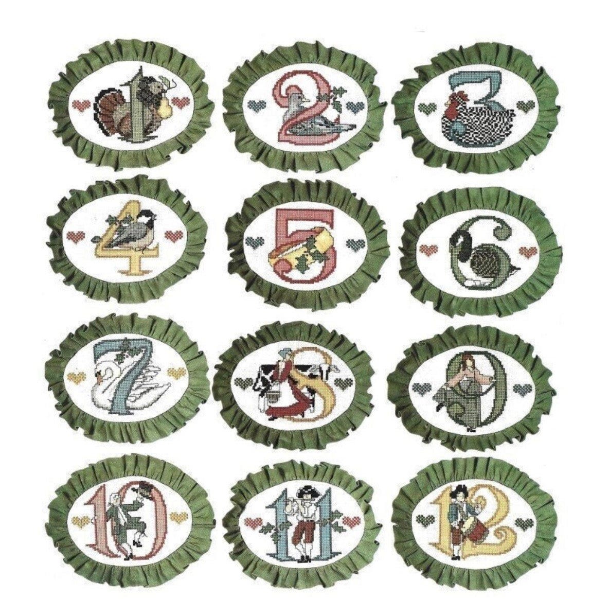 Vintage Cross Stitch Pattern 12 Days of Christmas Ornaments Set of 12 PDF Instant Digital Download Folk Art Holiday Decor