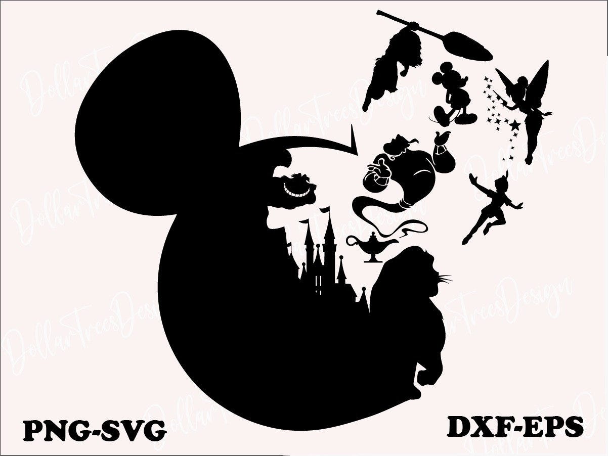 mickey mouse silhouette svg ,Png, Cartoon character Cut file Dxf, Cricut, Animal Kingdom, princess, magic,