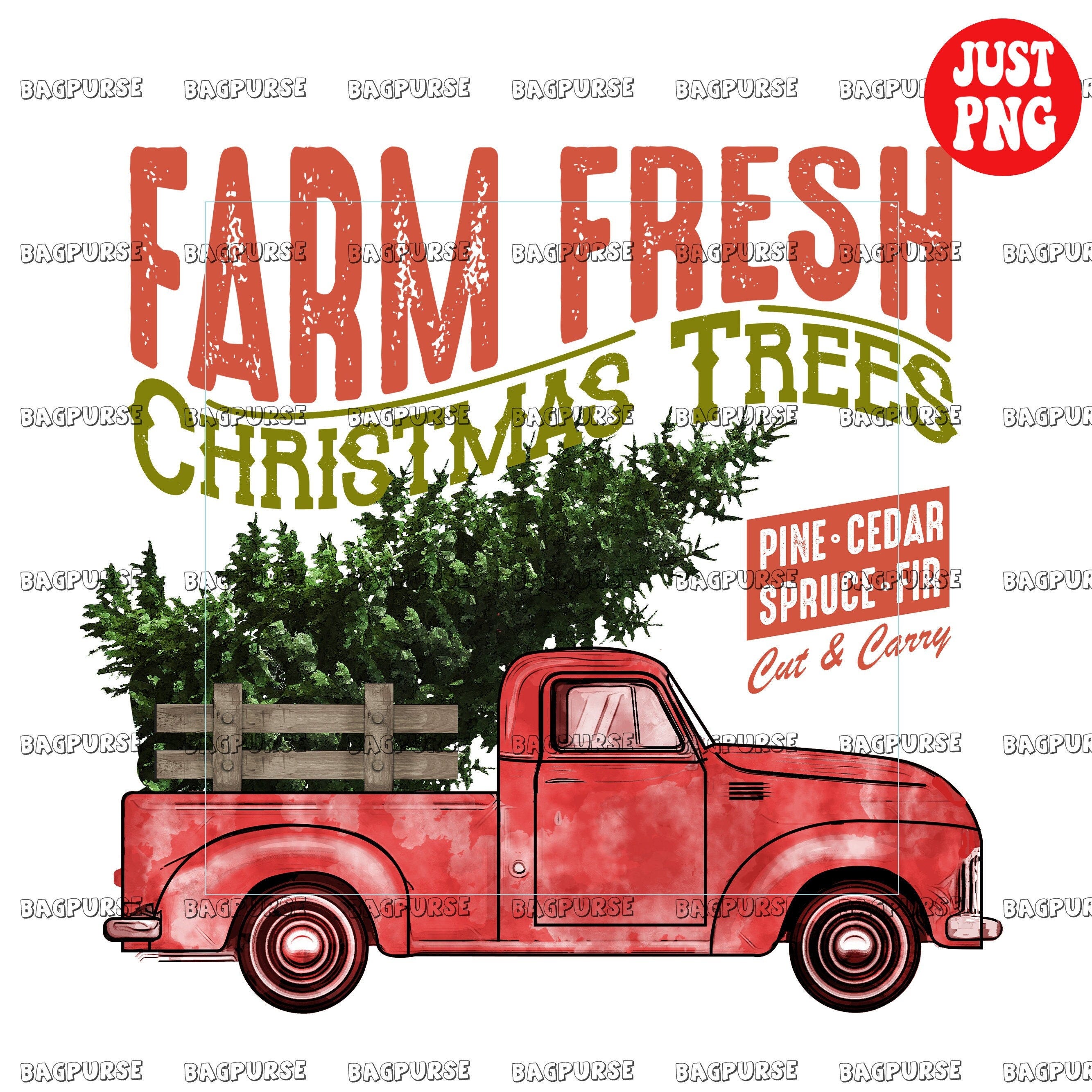 Farm Fresh Christmas Trees | Red Truck With Christmas Trees PNG File Sublimation | Retro Christmas Print, Instant Digital Download Clipart