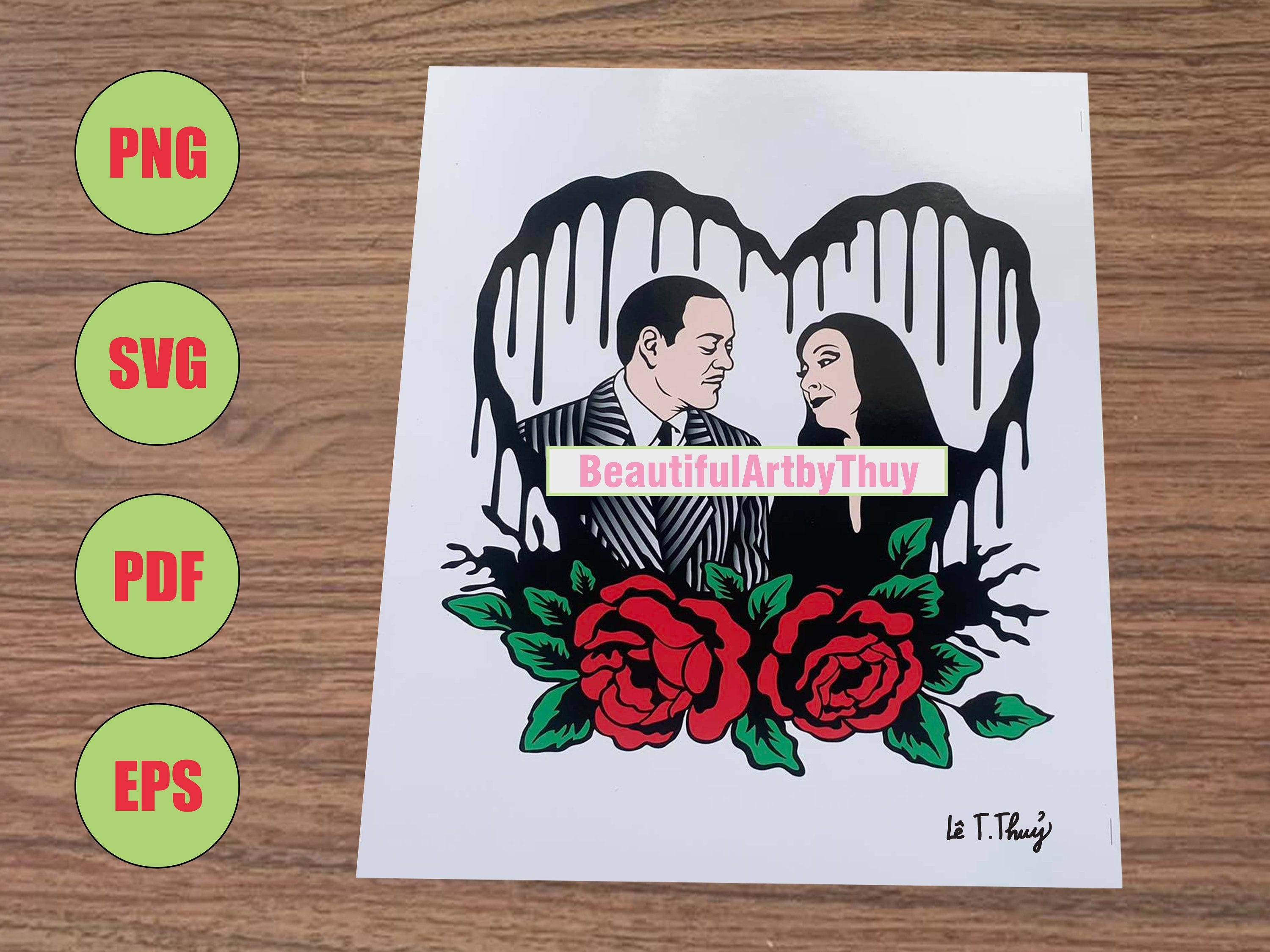 Morticia And Gomez Addams Layered SVG, The Addams Family PNG, Gothic Wedding Panel, Morticia Addam SVG, Halloween Clipart, Horror Movie