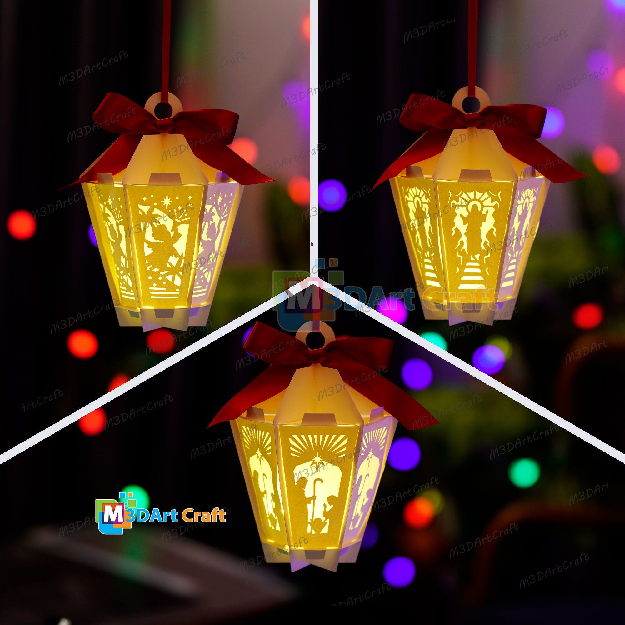 Pack 3 Nativity Scene Hexagona Lantern Hanging SVG Template For Christmas Tree Decorations - DIY Christmas Ornaments - Christmas Paper Cut