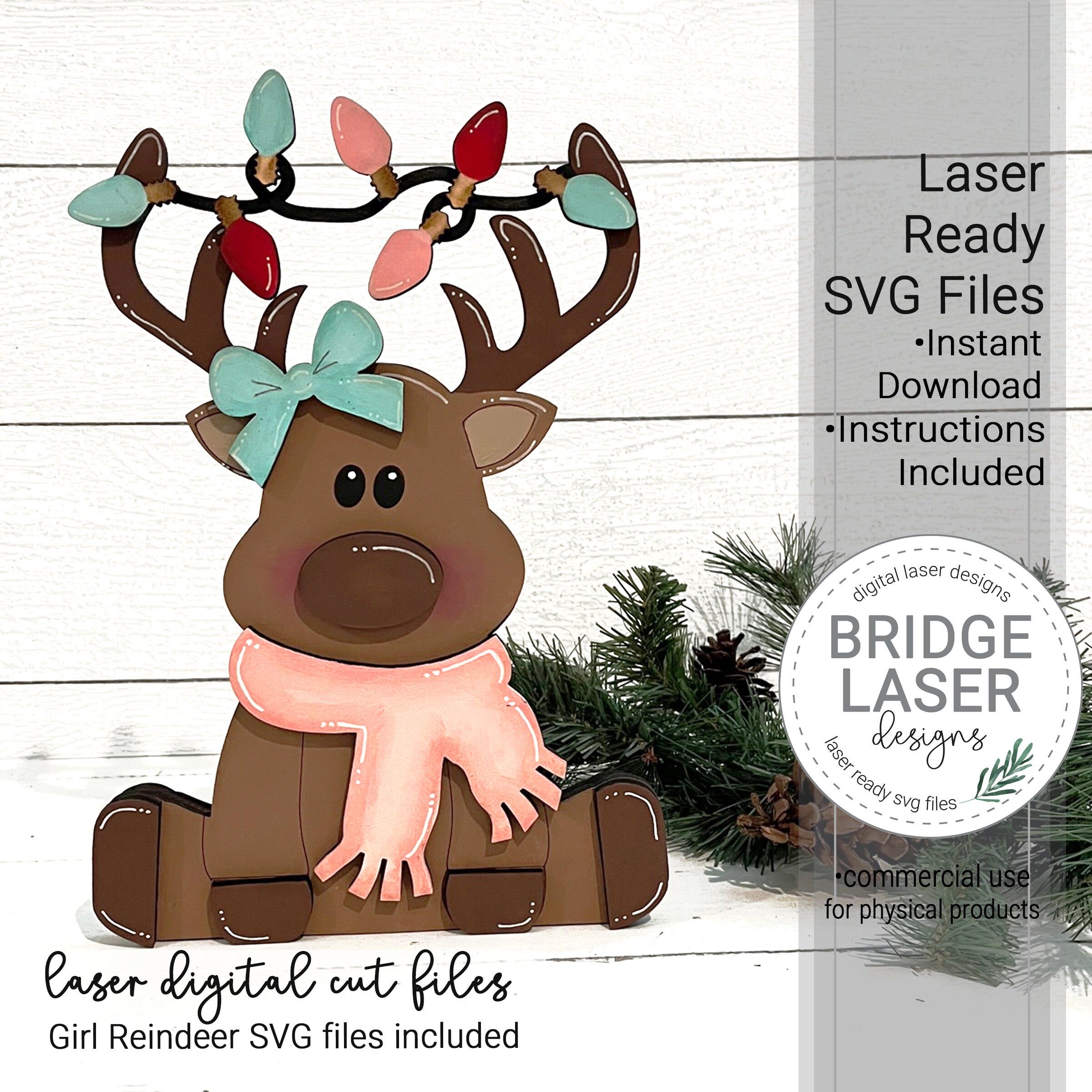 Reindeer Girl Shelf Sitter Laser Cut File, Christmas Shelf Sitter Laser Cut Design SVG, Christmas Laser File, Glowforge Laser Design SVG