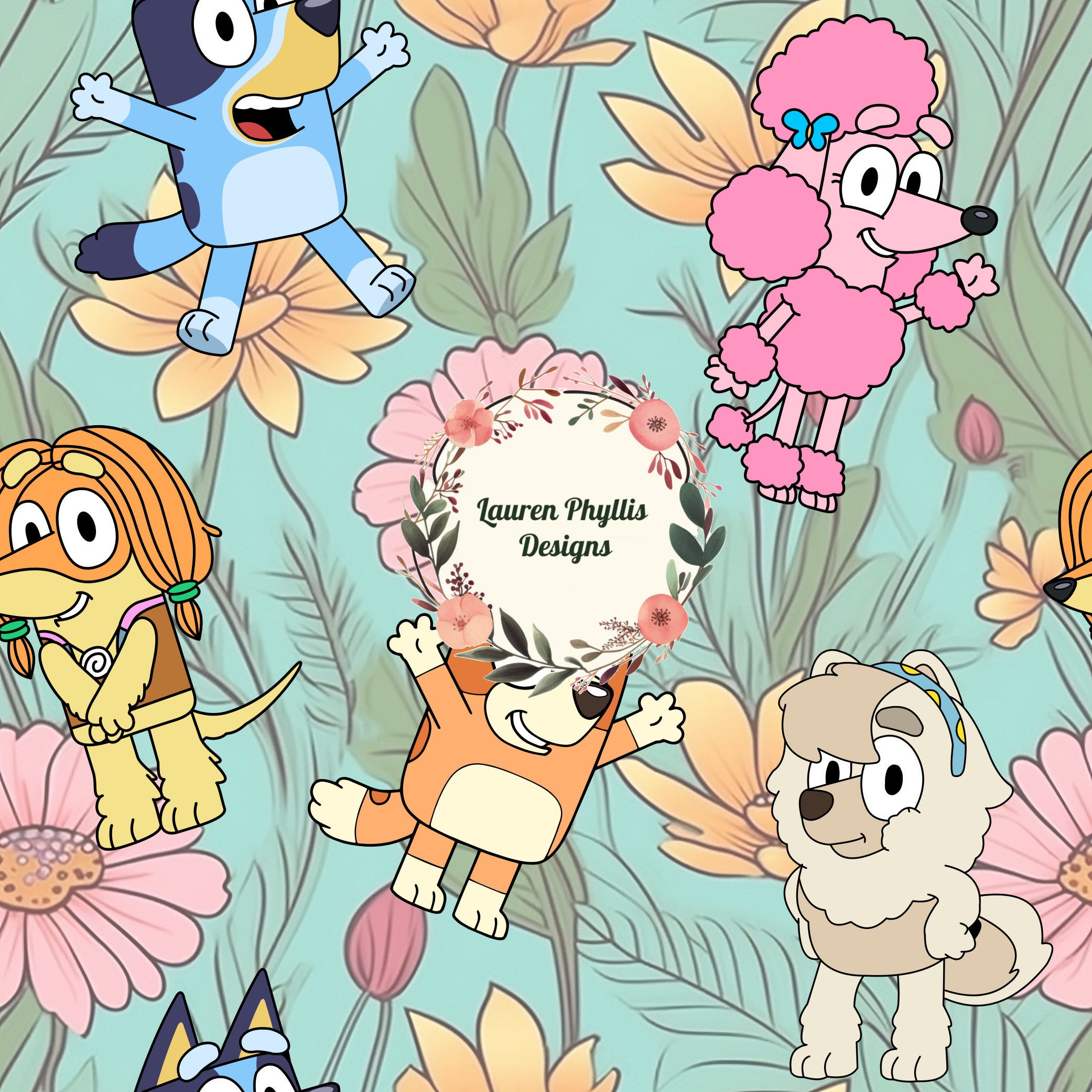 Cartoon dogs and Friends cartoon seamless pattern for girls, dog friends seamless file for sublimation and custom printing. Digital paper