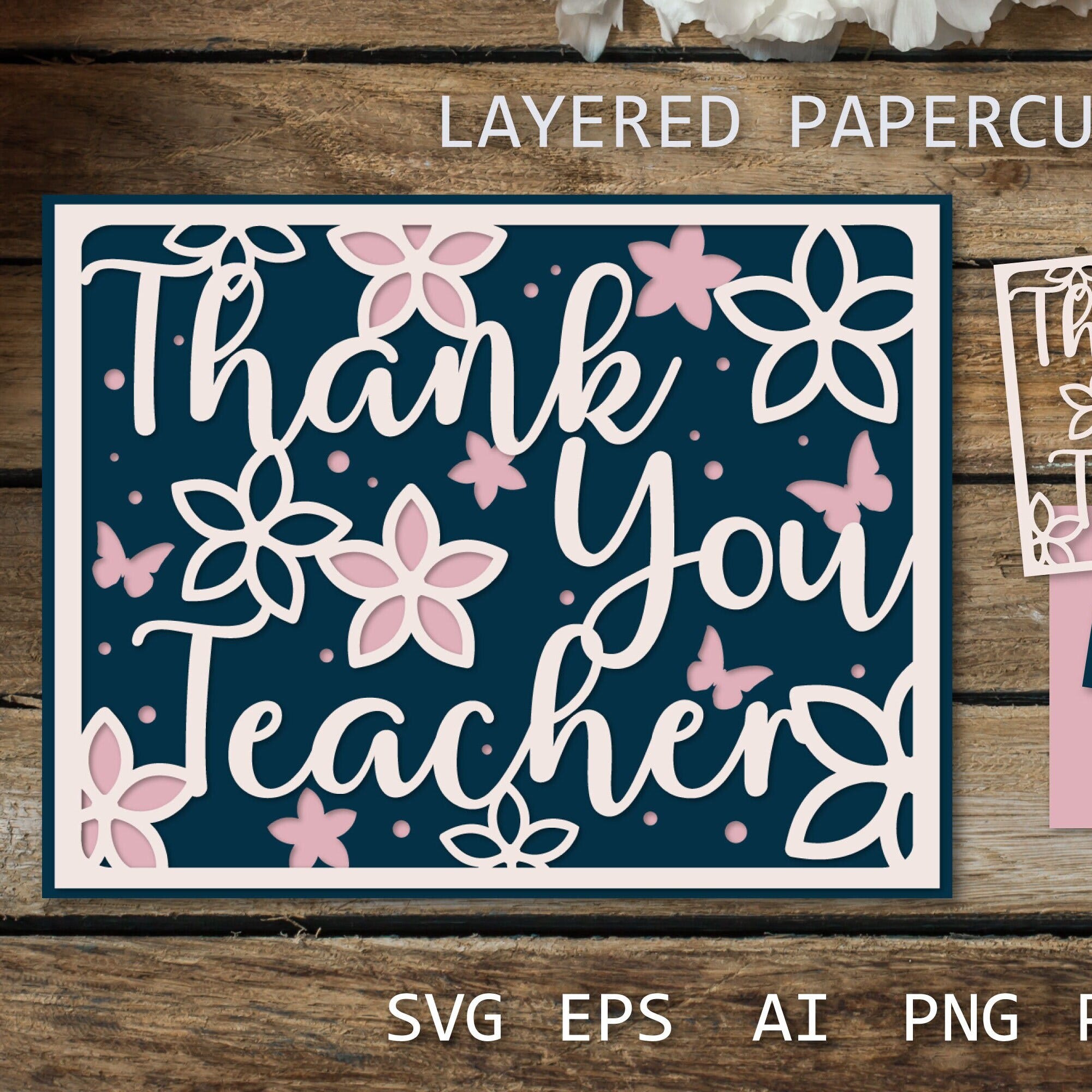 Thank you Teacher card SVG | Layered paper cut card, Thank you card ideas, 3d papercut for cricut