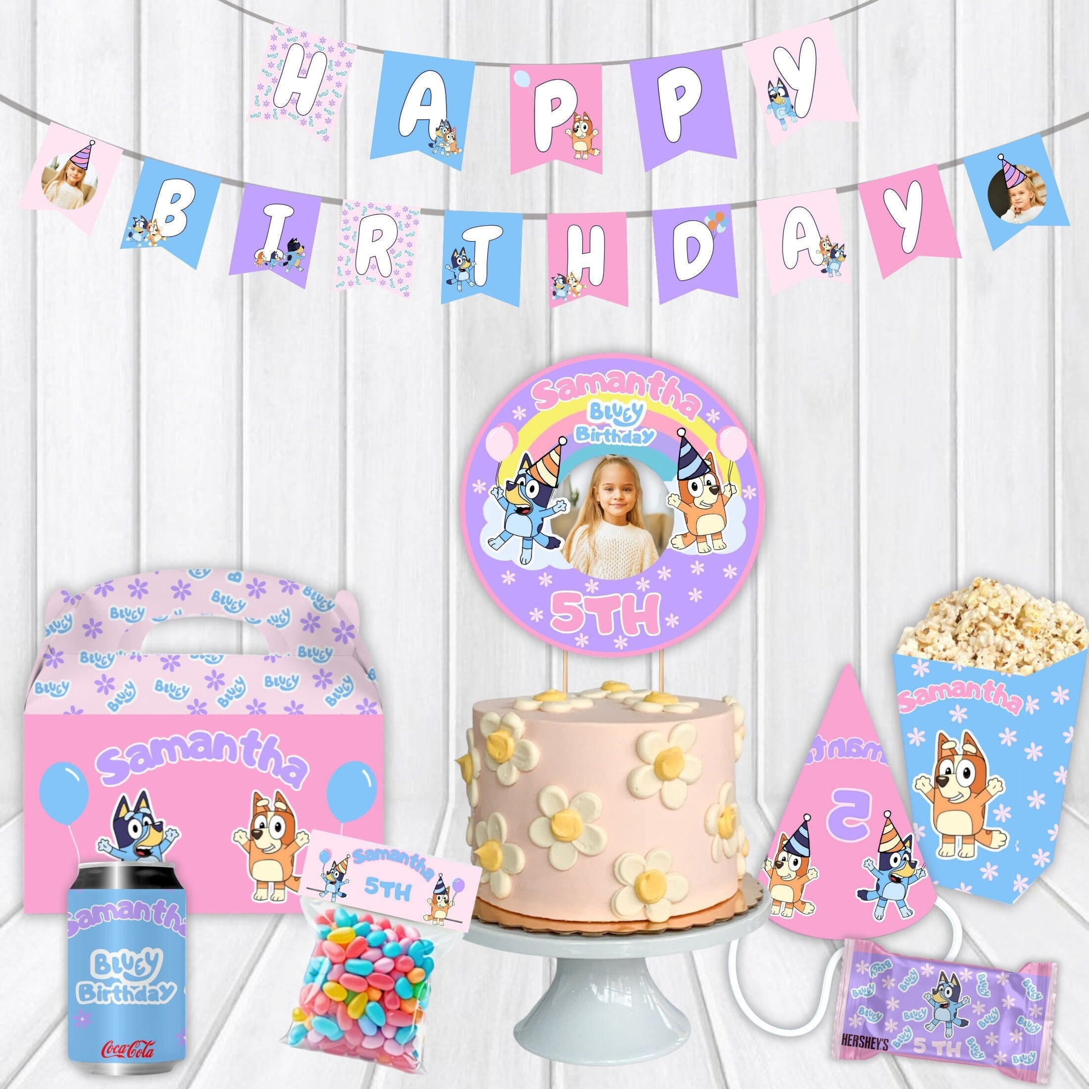 Girl Bluey editable party pack, cake topper, Gable Box label template, Bluey Party Bundle, Birthday Decorations, Bluey Party Supplies.