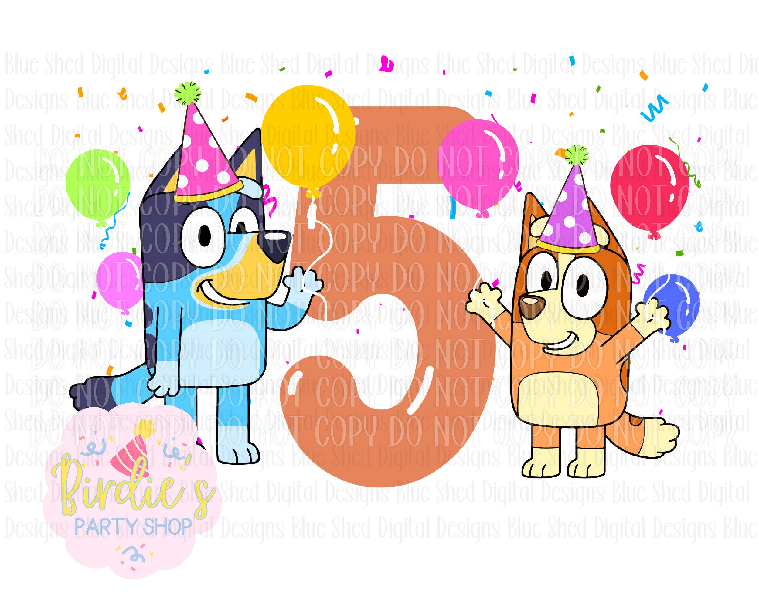 Bluey fifth birthday t-shirt or sticker design for dtf or sublimation printing. 5 year old Stickers party supplies decor bingo