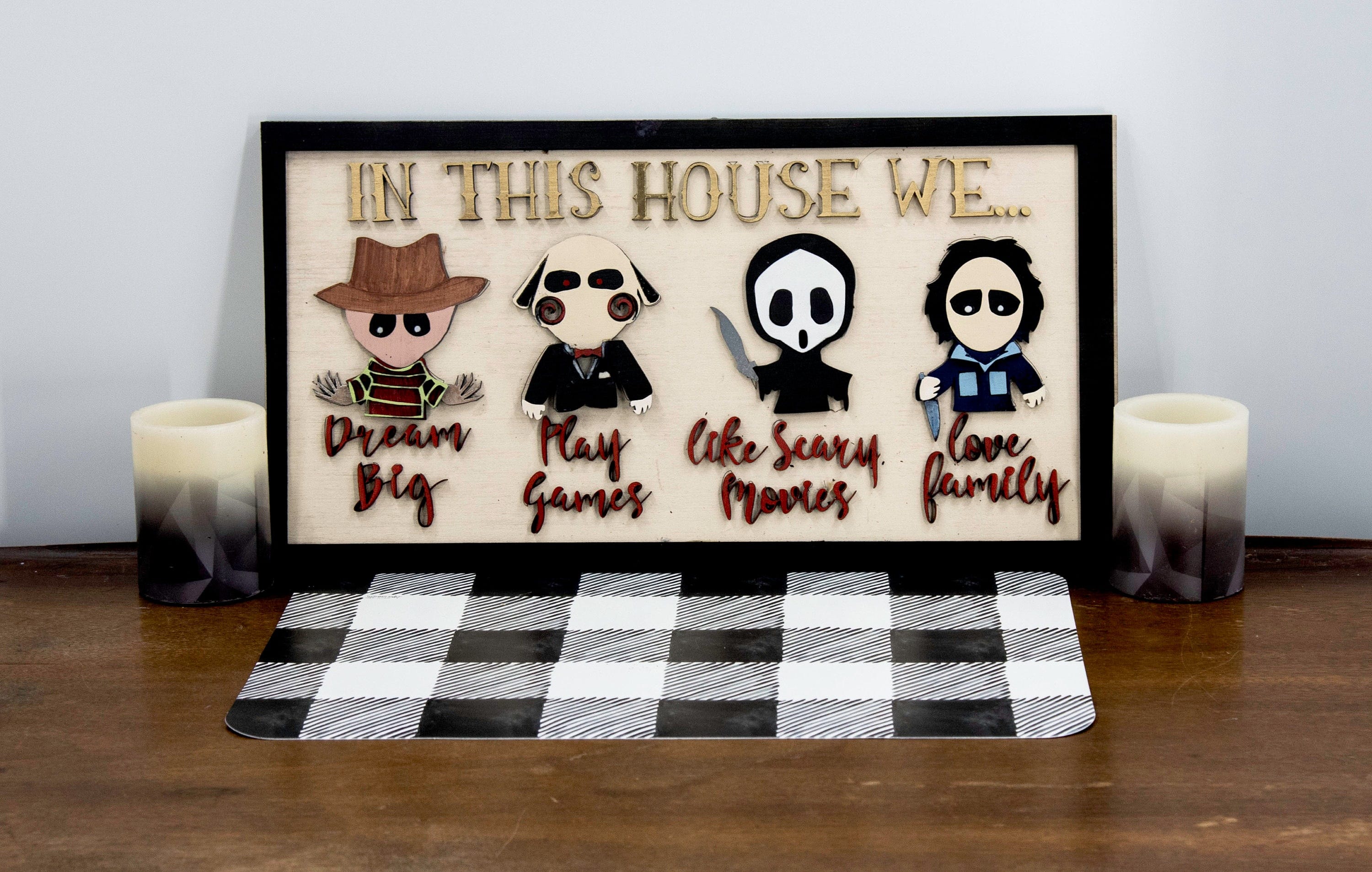 Halloween welcome Words of wisdom scary movie sign, horror movie love custom wood sign, Halloween party Halloween decor scary family