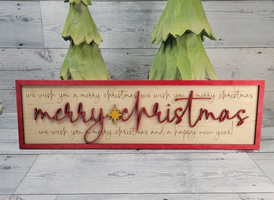 We Wish You a Merry Christmas SVG File Laser Ready Shelf Sitter Sign Wood Details Holiday Decorations Christmas Mangel Decor