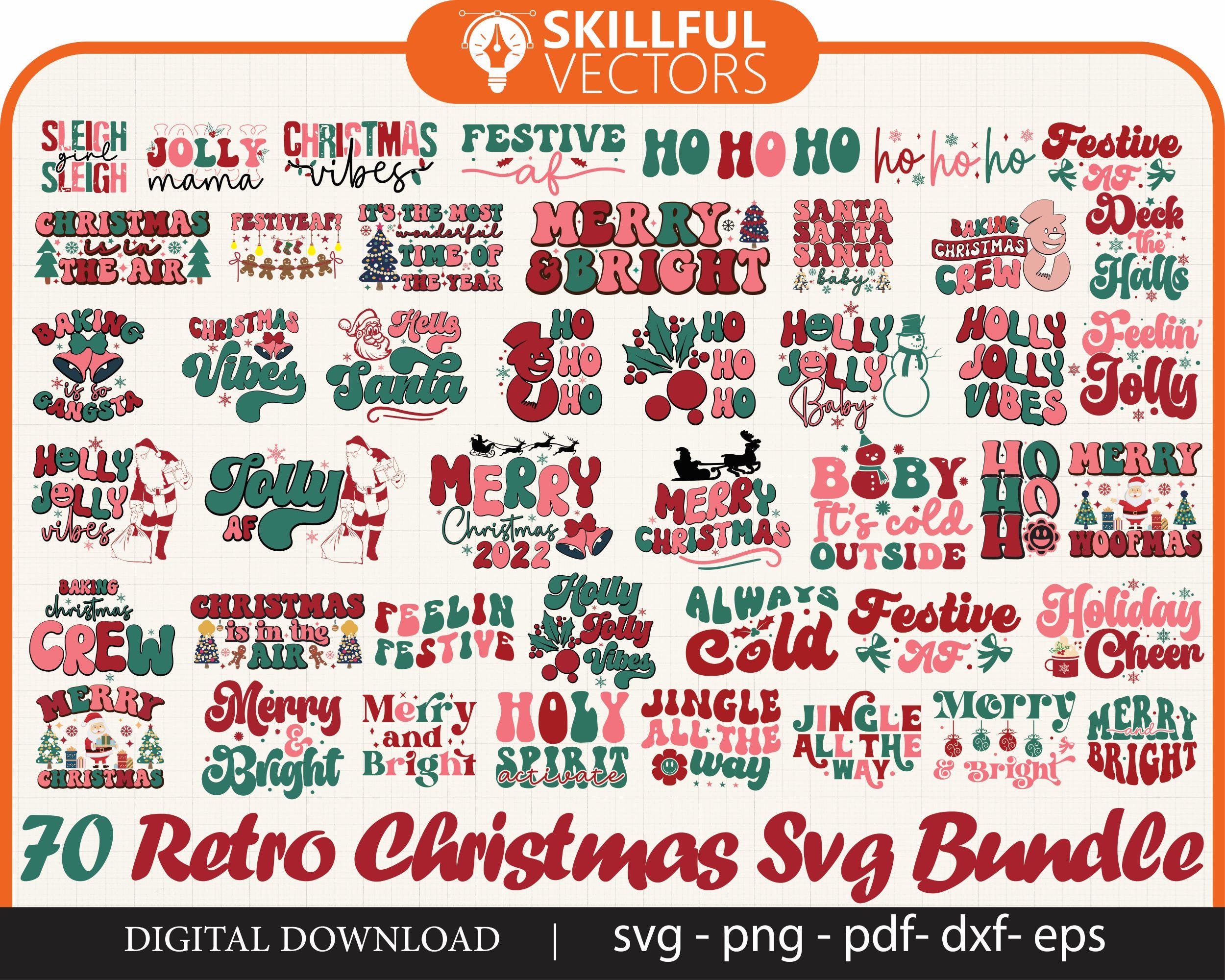 70 Retro Christmas SVG Bundle, Retro Christmas png, Groovy Christmas svg, Christmas Words svg, Christmas Shirt svg, mama claus svg, Cricut