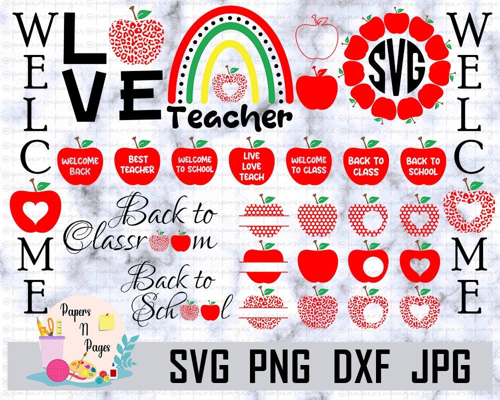Apple SVG Bundle, Apple Name Monogram frame SVG, Back to School SVG, Digital Download (28 svg/png/dxf/jpg files), Sublimation