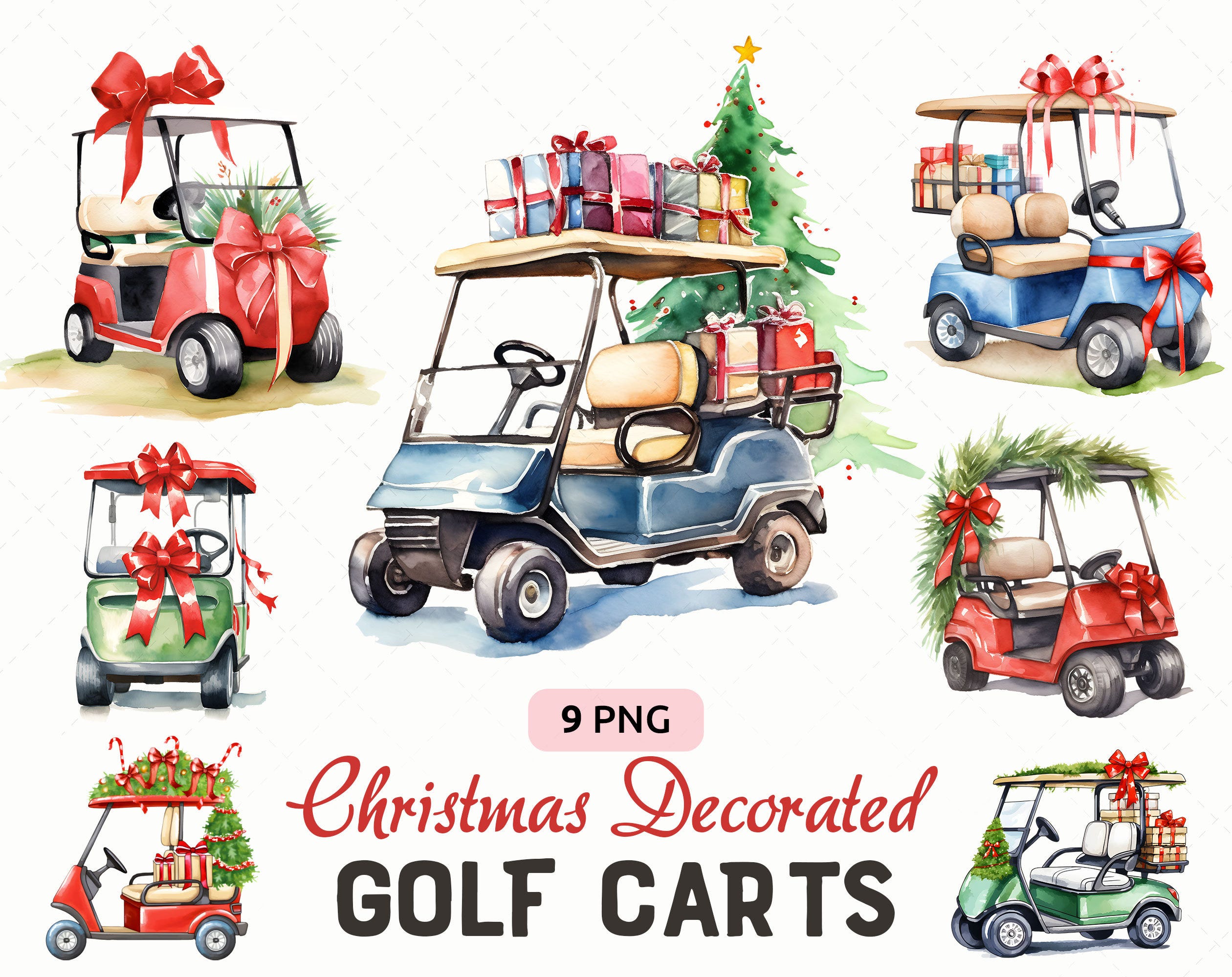 Christmas Decorated Golf Cart Clipart PNG bundle, Christmas in July Clipart, Camping Christmas Parade PNG, Commercial use, Instant download