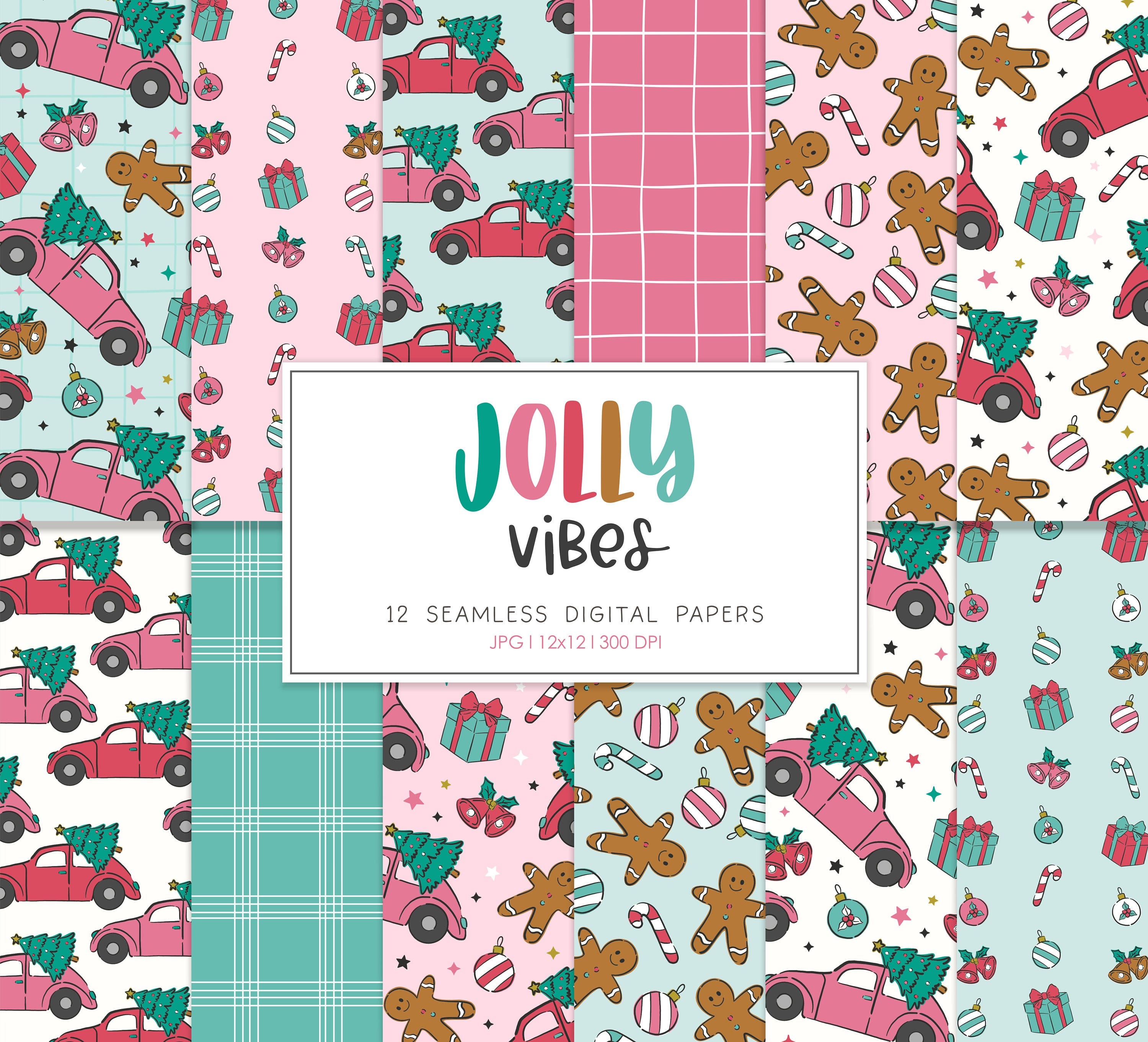 JOLLY VIBES, Christmas Seamless Repeat Pattern, Handrawn Backgrounds, Printable Digital Paper
