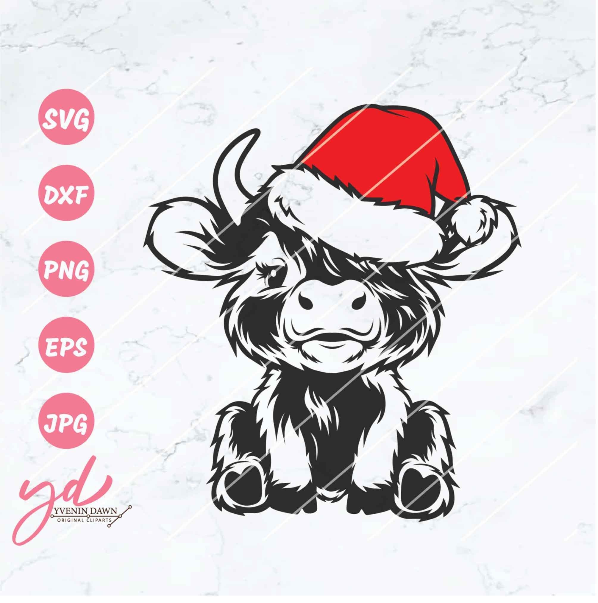Cute Highland Cow Sitting Svg Png | Christmas Highland Cow Svg | Cow Svg | Cute Cow Svg | Baby Cow Svg | Highland Cow With Santa Hat Svg Png